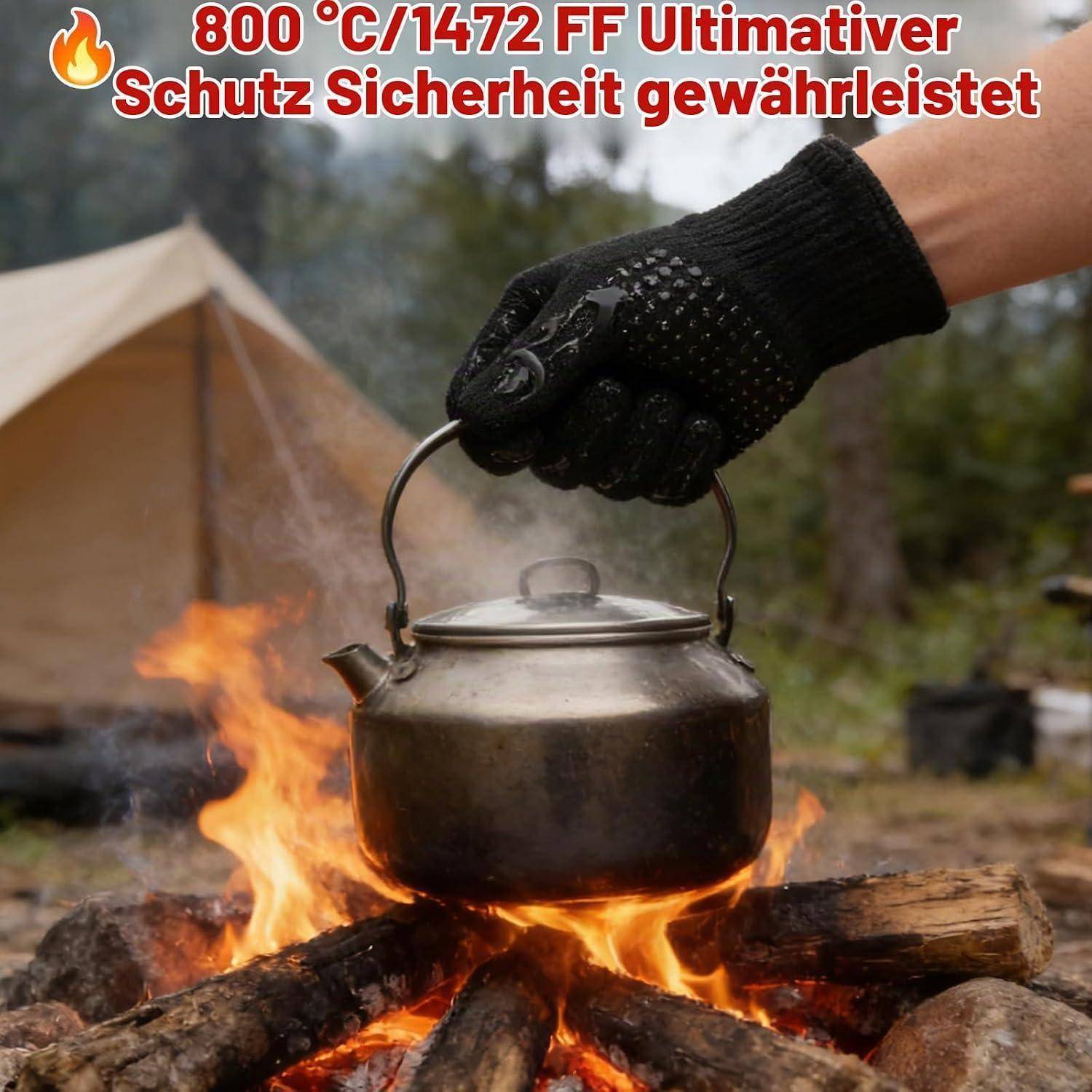 Behandschuhte Hand hebt einen Wasserkessel über einem Lagerfeuer; Text besagt „800 °C/1472 °F Ultimativer Schutz Sicherheit gewährleistet