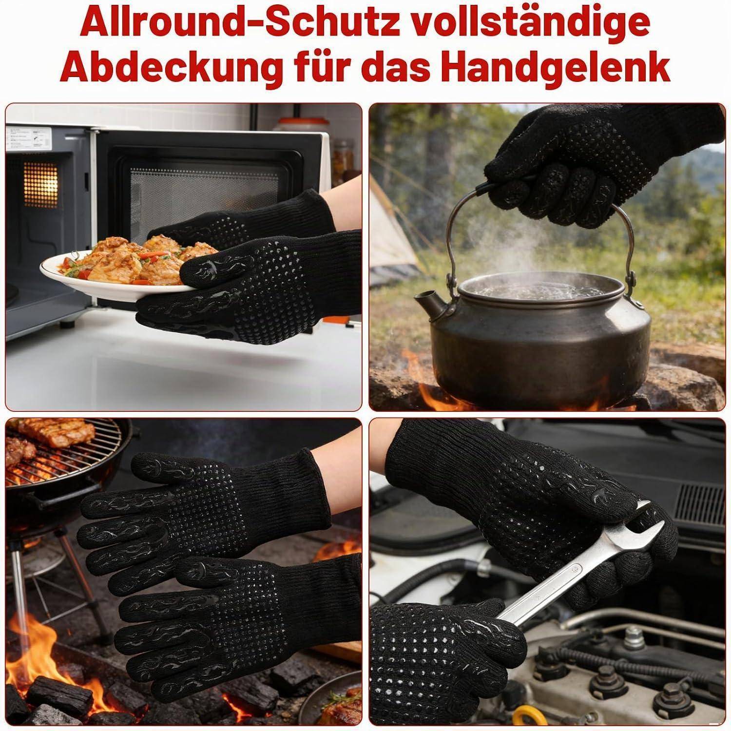 Werbekollage mit schwarzen hitzebeständigen Handschuhen mit vollständiger Handgelenkbedeckung, die für Aufgaben mit Ofen, Wasserkocher, Grill und Autoreparaturen verwendet werden.