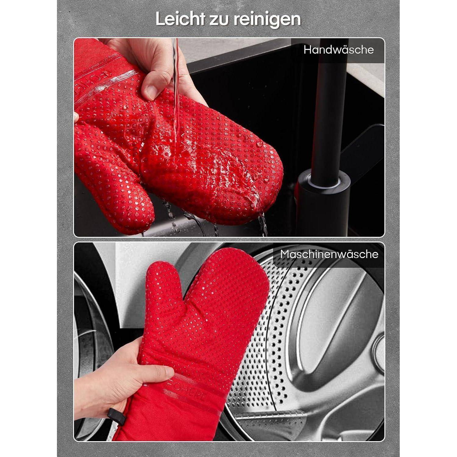 Rote Ofenhandschuhe werden gespült und maschinell gewaschen, mit den Etiketten „Leicht zu reinigen