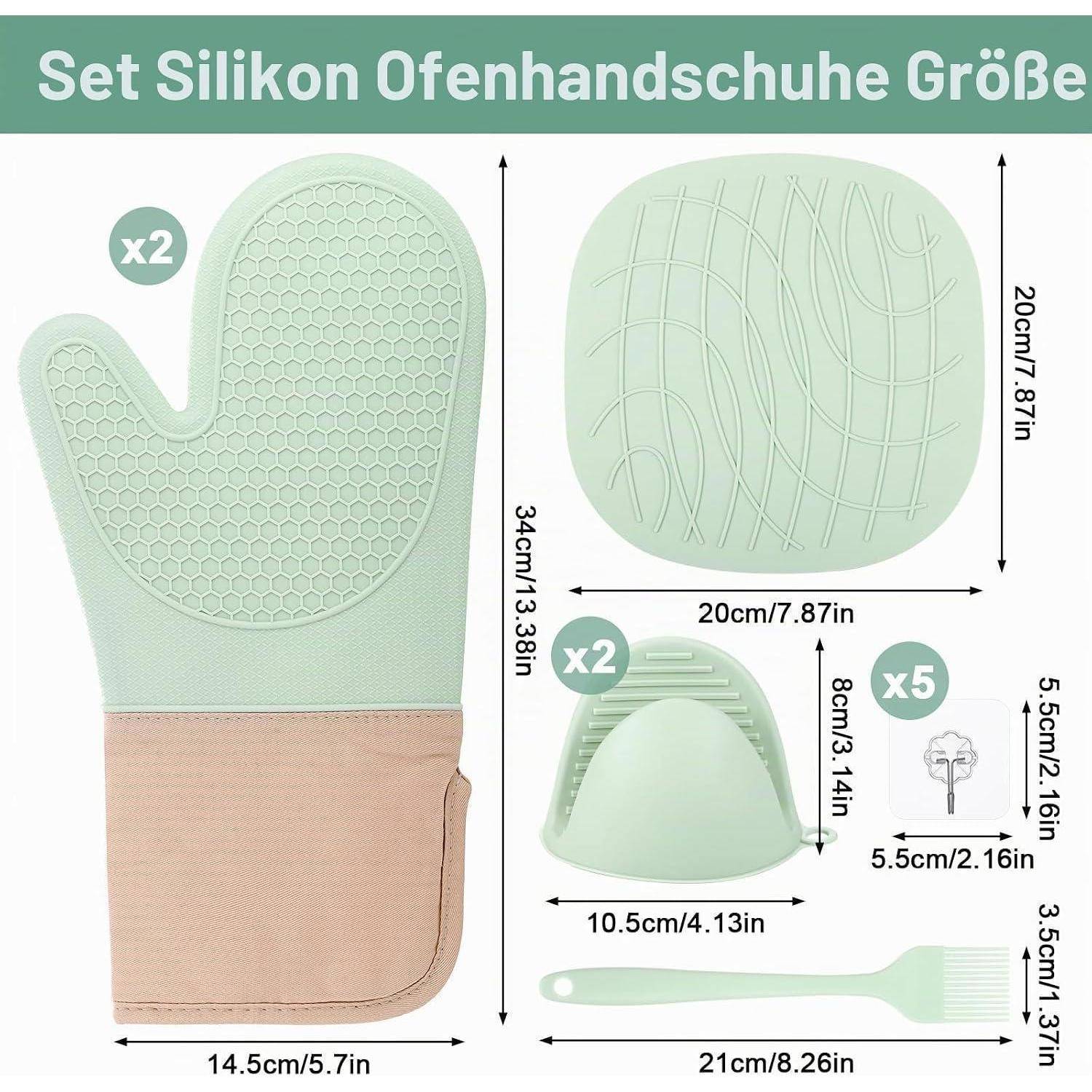 6tlg Silikon Ofenhandschuh Set Hitzebeständig bis 260°C mit Untersetzer & Pinsel