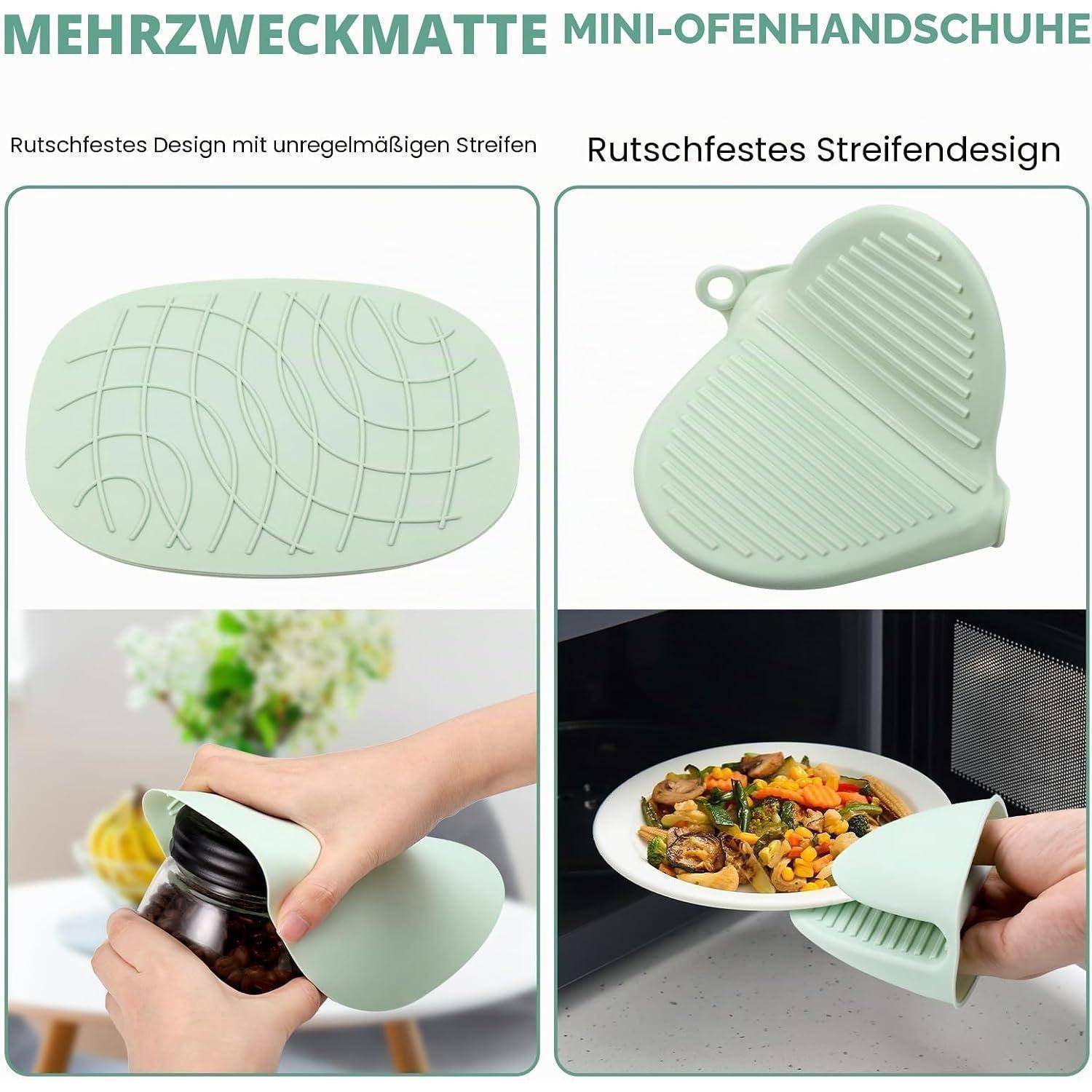 Produktbild einer mint-grünen Silikon-Mini-Ofenhandschuh mit strukturierten, rutschfesten Streifen, dargestellt beim Greifen eines Glases und einer heißen Schüssel für die Küchennutzung.