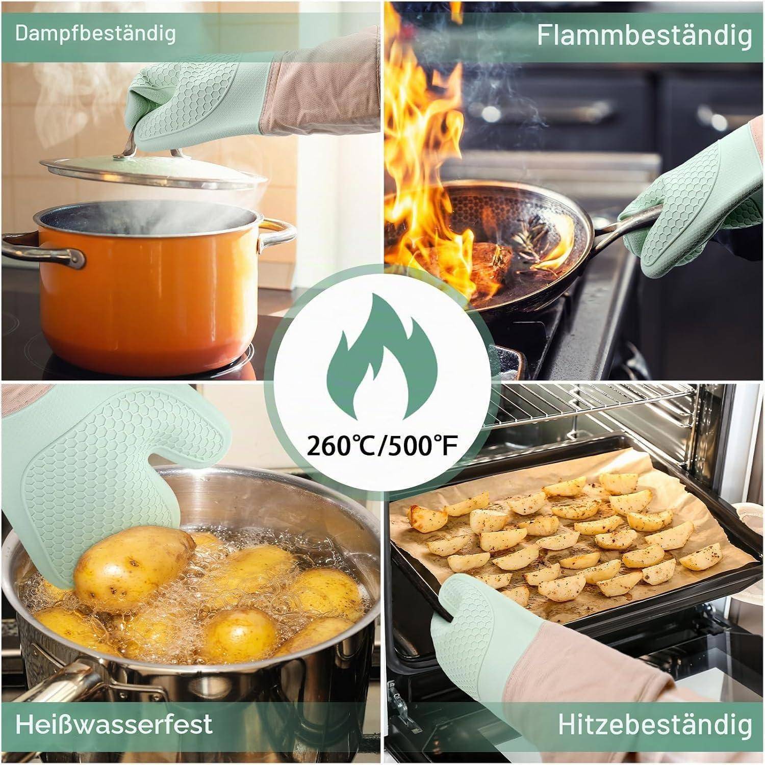 Collage aus mintgrünen Ofenhandschuhen, die heiße Kochgeschirre in Dampf, Flammen, kochendem Wasser und einem Ofen handhaben, gekennzeichnet als hitzebeständig bis 260°C/500°F, dampfbeständig, flammenbeständig und heißwasserbeständig.