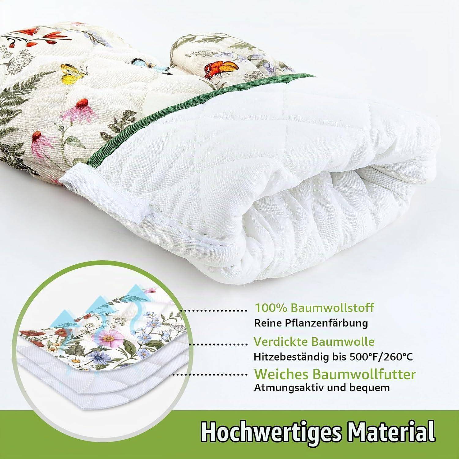 Gesteppte weiße Bettwäsche mit Blumenmuster-Overlay und deutschem Text, der hochwertige Materialien bewirbt: 100% Baumwolle, pflanzengefärbt, hitzebeständig, atmungsaktiv.