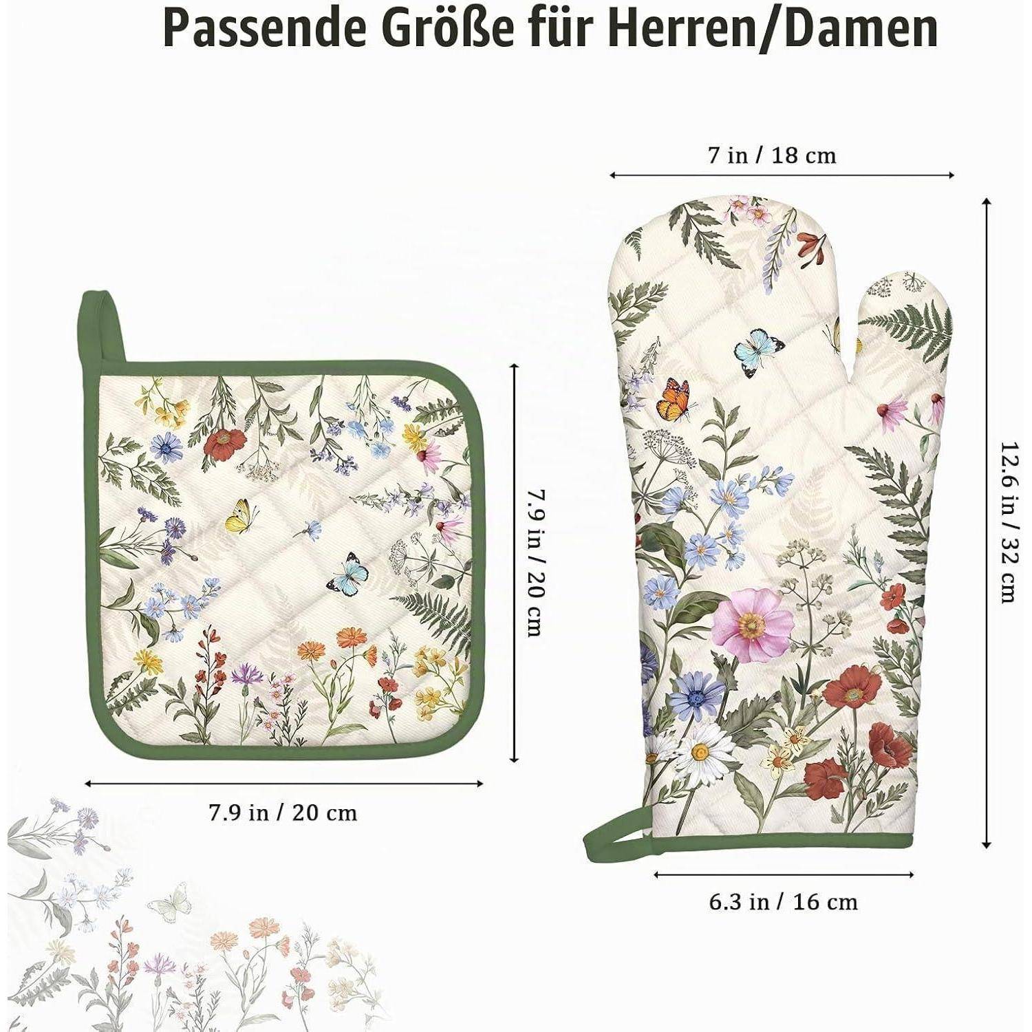 Größentabelle für florale Ofenhandschuhe und Topflappen, gekennzeichnet mit „Passende Größe für Herren/Damen