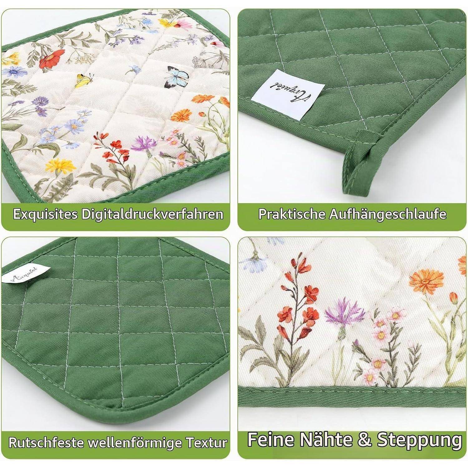 Vier Nahaufnahmen einer gesteppten grün-und-floralen Matte, die bedruckten Stoff, Aufhängeschleife, rutschfeste strukturierte Rückseite und feine Nähte zeigen.