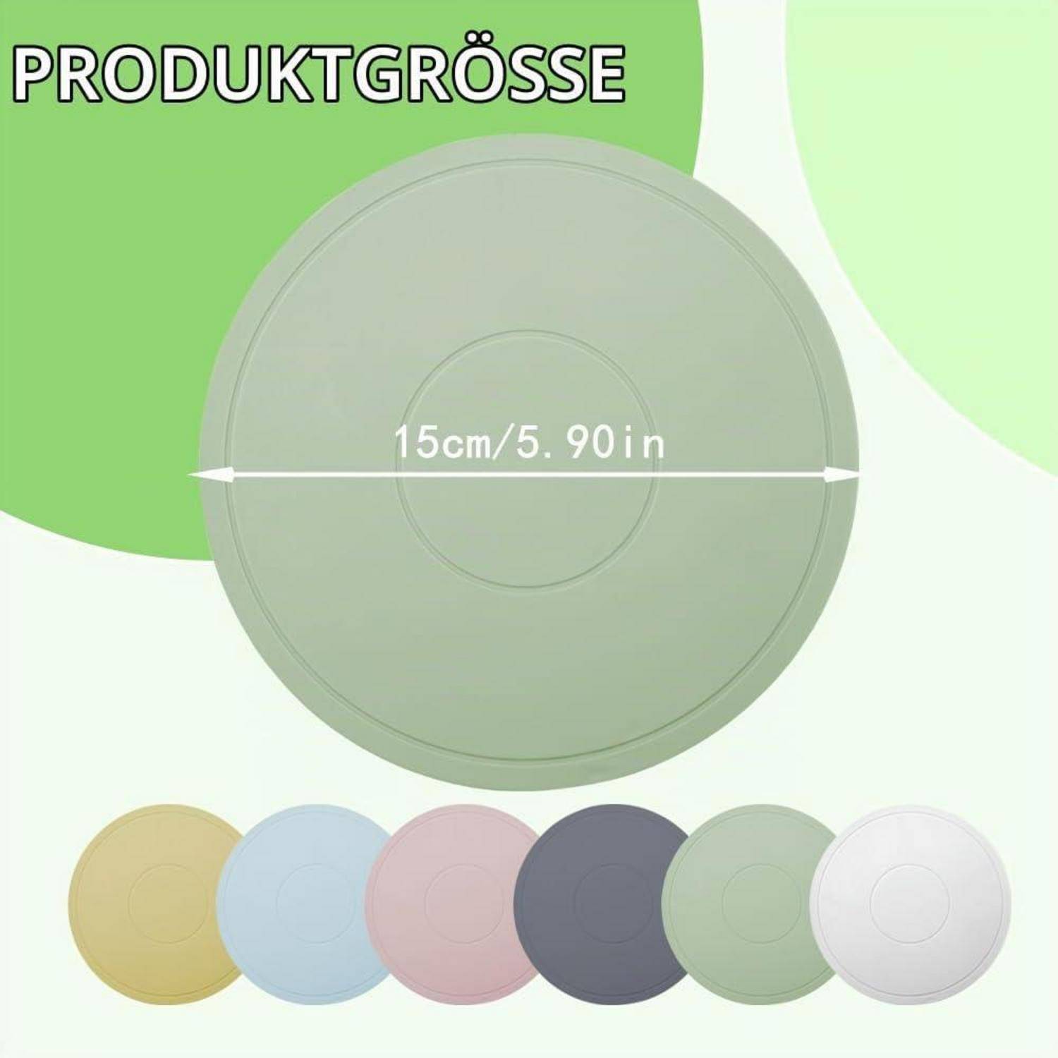 Produktgrößen-Grafik mit einem runden Deckel oder einer Scheibe mit 15 cm (5,90 Zoll) Durchmesser und sechs unten angezeigten Farboptionen.