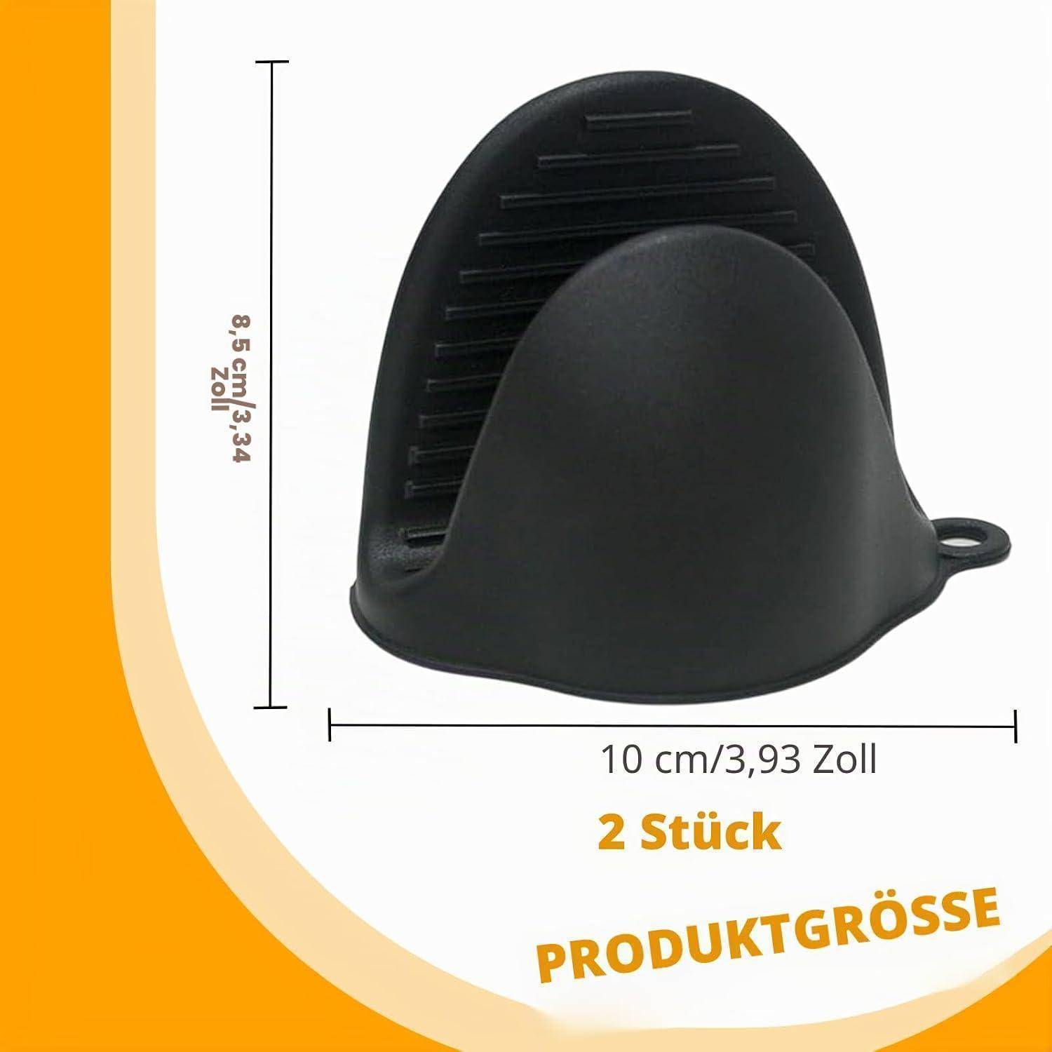 Schwarze Silikon-Ofenhandschuhe mit Größenmarkierungen: 10 cm breit und 8,5 cm hoch; Text besagt „2 Stück