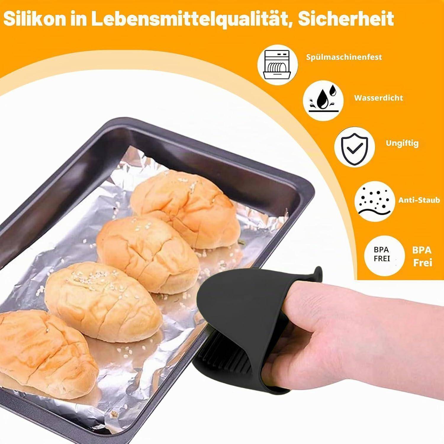Werbebild eines Silikon-Ofenhandschuhs, der ein heißes Backblech mit Brötchen greift; der Text hebt Lebensmittel-Silikon als spülmaschinenfest, wasserdicht, ungiftig, staubdicht und frei von BPA hervor.