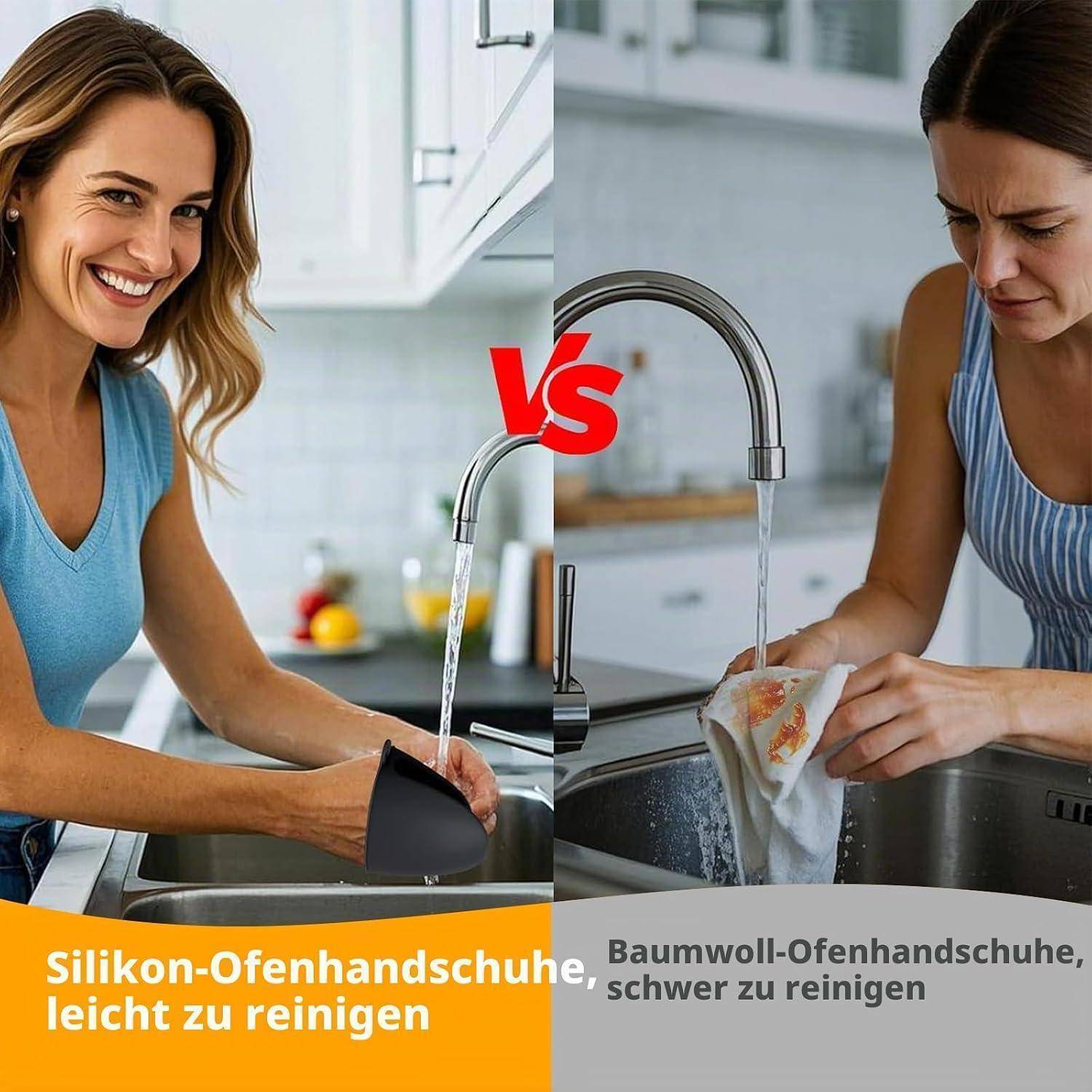 Geteiltes Bild zum Vergleich von Ofenhandschuhen: links zeigt eine lächelnde Frau, die einen Silikon-Ofenhandschuh wäscht, mit der Beschriftung „Silikon-Ofenhandschuhe, leicht zu reinigen