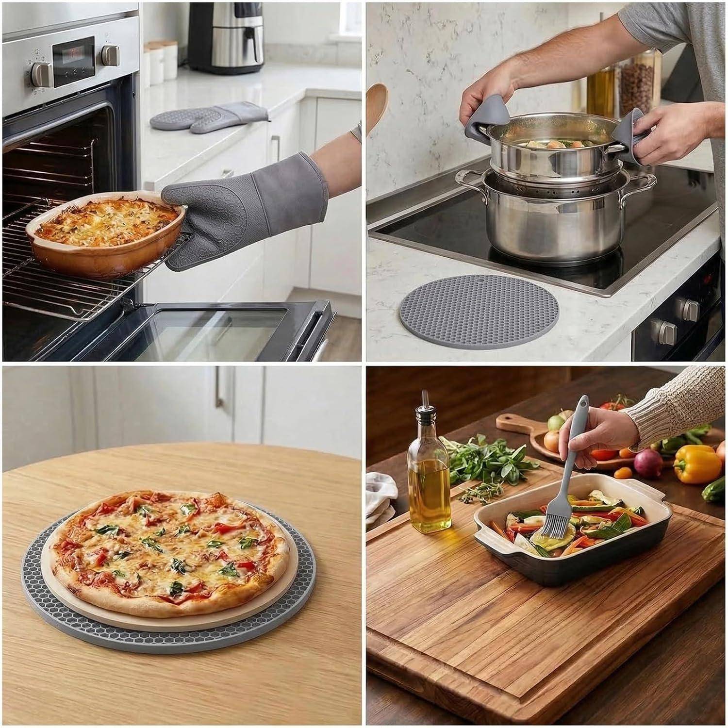 Collage zeigt einen grauen Silikonuntersetzer, der Oberflächen schützt, während er heiße Gerichte, einen Topf auf einem Herd, eine Pizza und ein Backblech beim Servieren von Speisen hält.