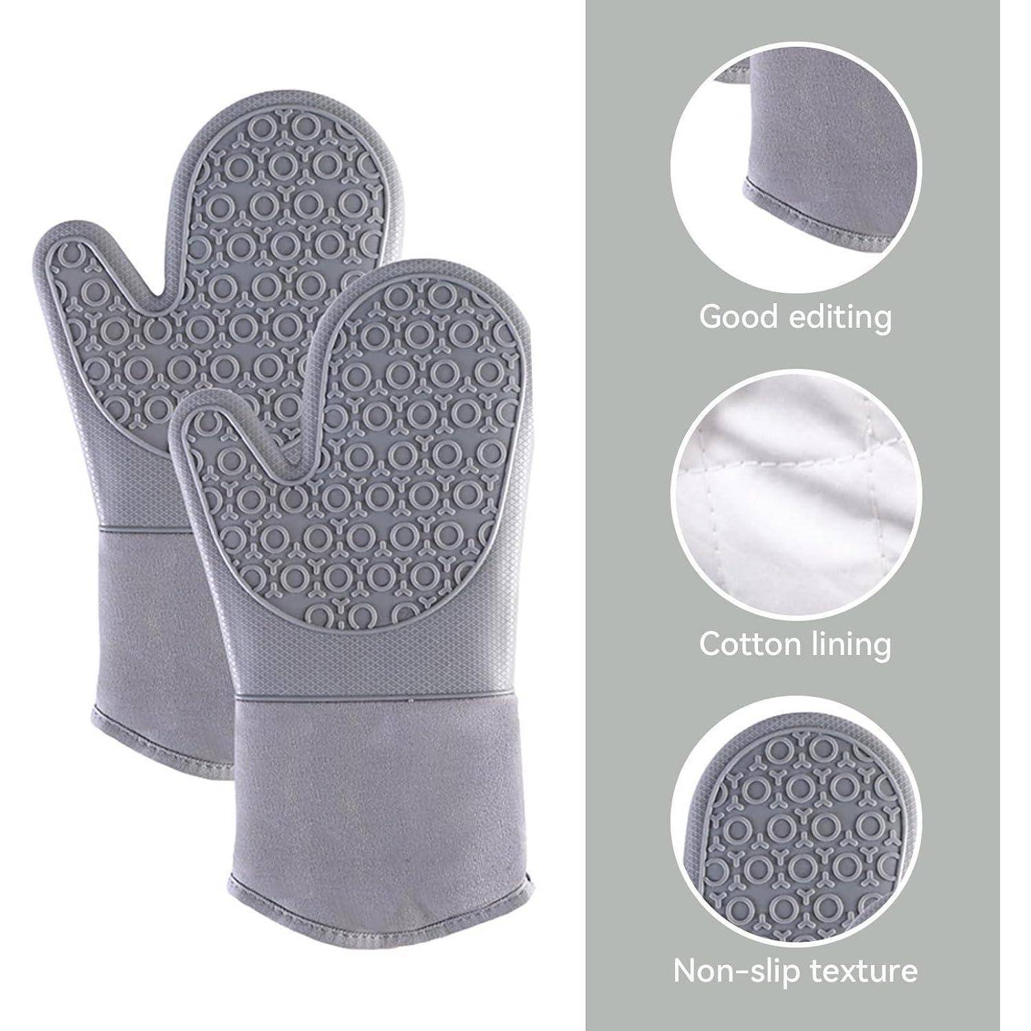 Paar graue Ofenhandschuhe mit strukturierter rutschfester Handfläche, Baumwollfutter und sauberen Nahtenkanten, gezeigt mit Nahaufnahmen der Funktionen.