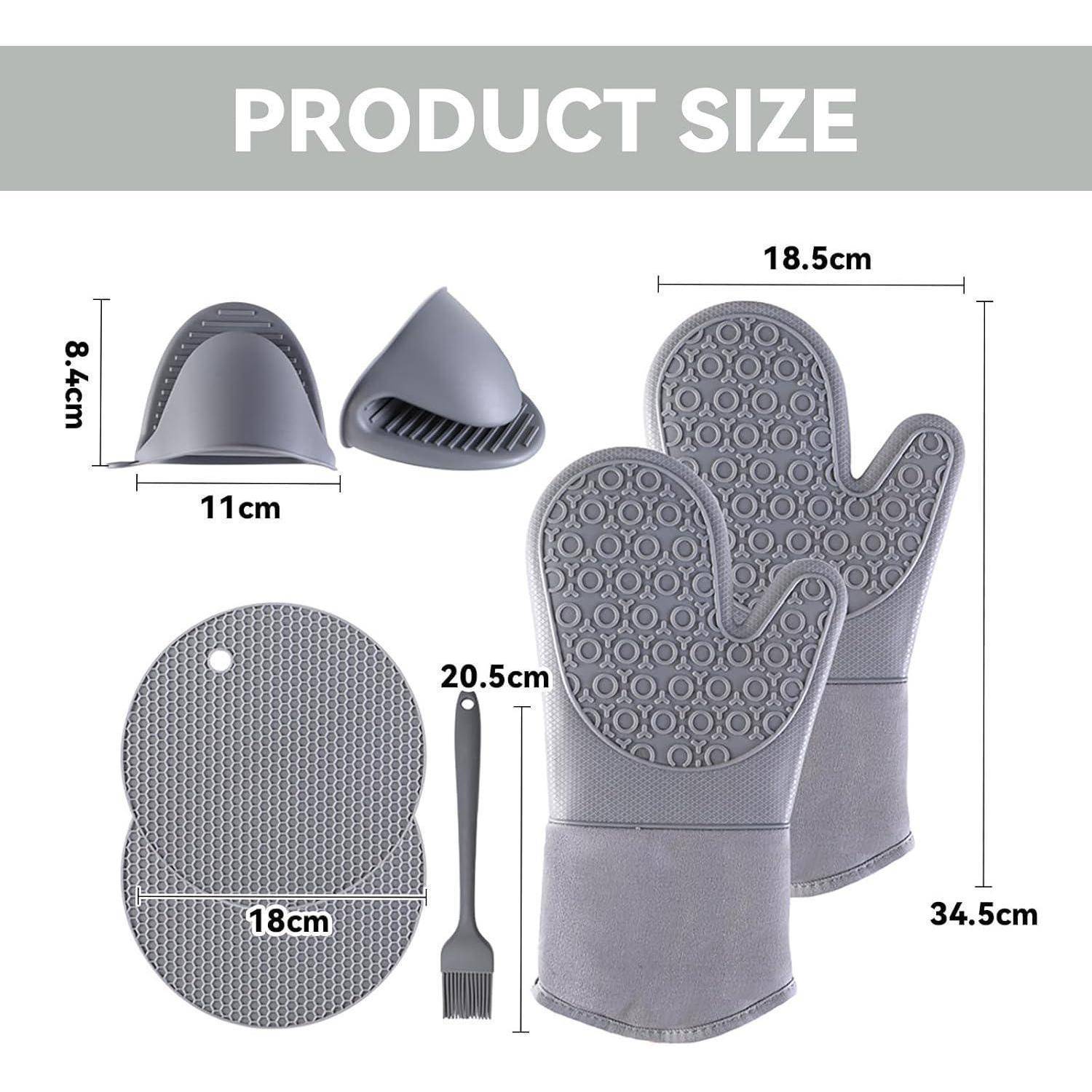 Produktgrößendiagramm mit einem grauen Silikon-Ofenhandschuh-Set mit den Abmessungen: Handschuh 34,5 cm groß und 18,5 cm breit, Daumen 8,5 cm, Breite 11 cm, runde Pads 18 cm und Bürste 20,5 cm.