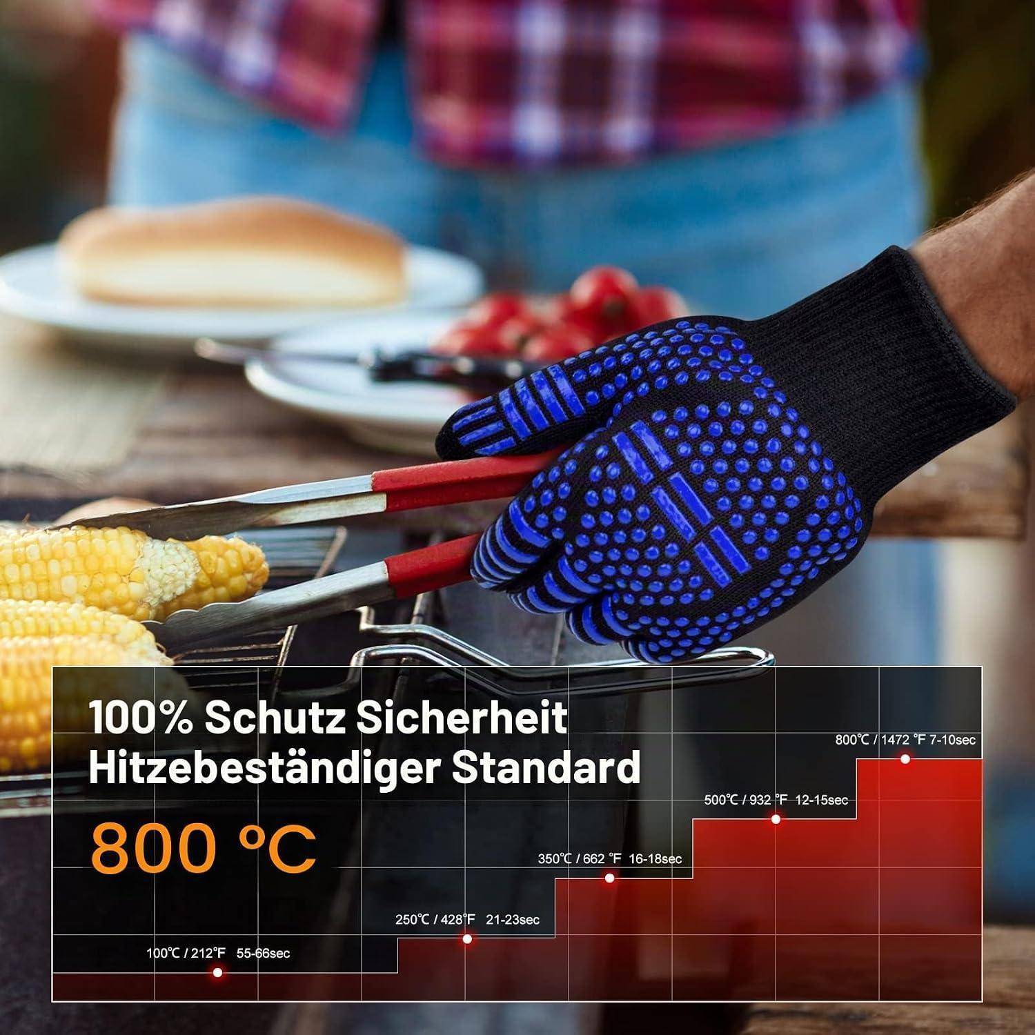 Behandschuhte Hand grilliert Mais auf einem Grill; Overlay-Text wirbt für '100% Schutz Sicherheit', hitzebeständigen Standard und '800 °C' Temperaturschutz.