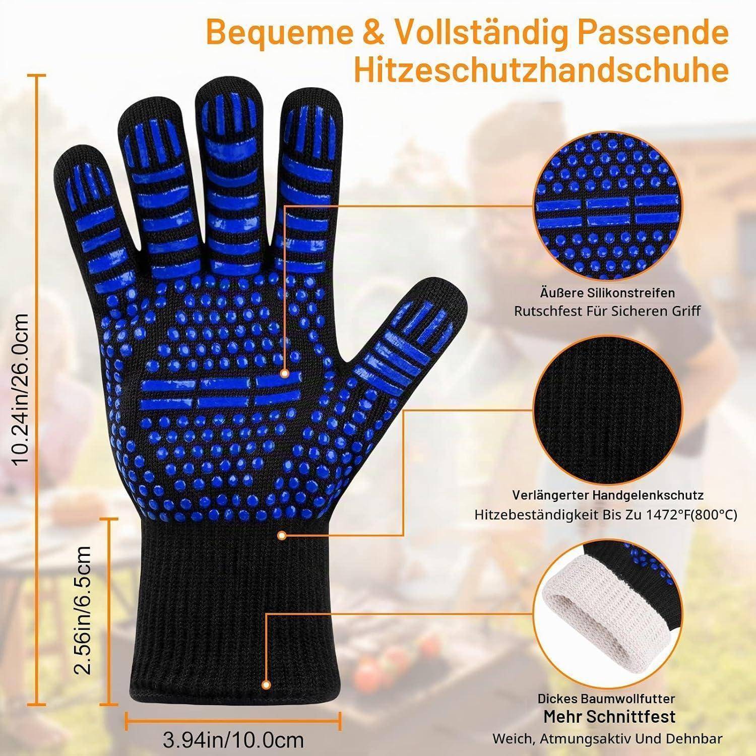 Blau-schwarzer hitzebeständiger Handschuh mit Griffpunkten, dargestellt mit Beschriftungen für Silikonstreifen, erweiterten Handschutz, Baumwollfutter und Schnittfestigkeit.