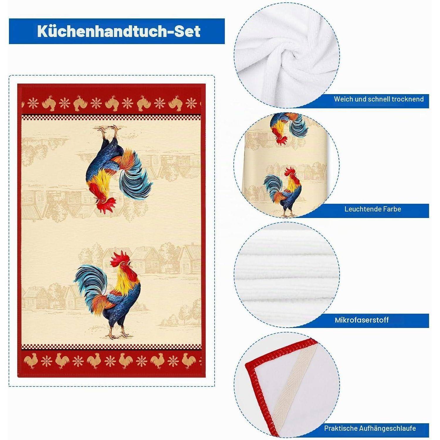 Werbebild eines Geschirrtuchsets mit zwei farbenfrohen Hähnen auf einem beigen Microfaser-Geschirrtuch mit roten Rändern, plus Nahaufnahmen mit deutschen Beschriftungen, die weiches, schnelltrocknendendes Gewebe und eine Aufhängeschleife zeigen.
