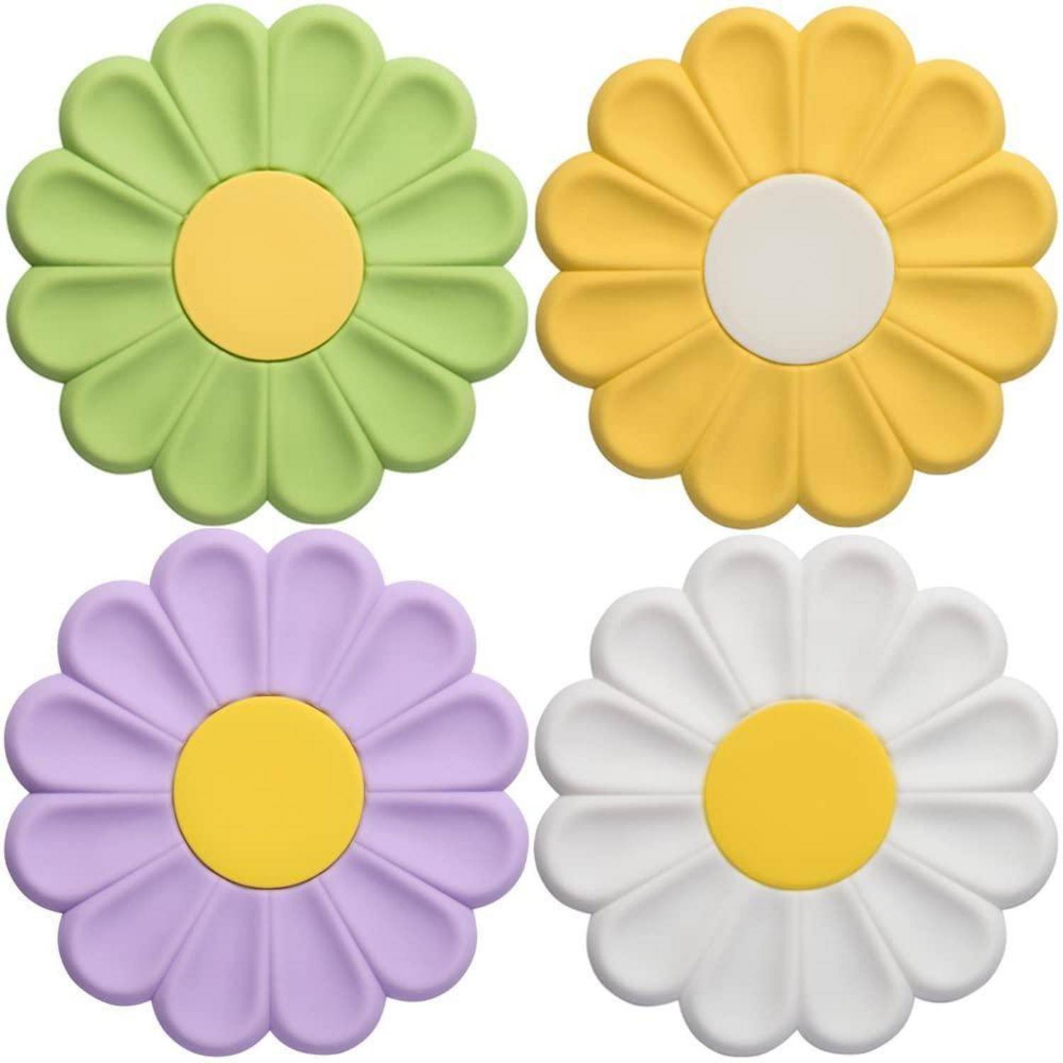 Vier pastellfarbene gänseblümchenförmige Fidget-Spielzeuge in einem 2x2-Raster angeordnet: grün, gelb, lila und weiß mit kontrastierenden Zentren.