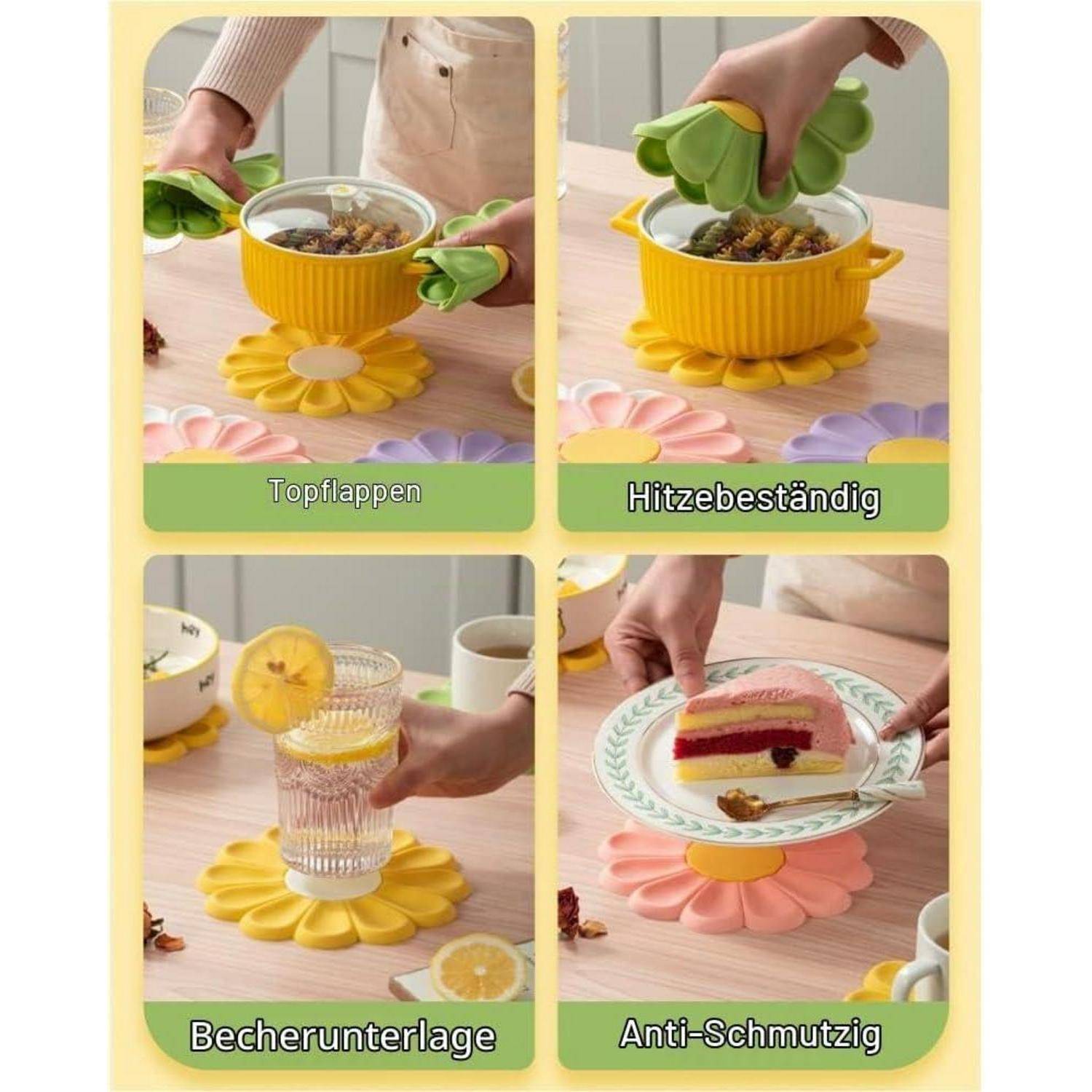 Werbe-Collage, die einen blütenförmigen Silikon-Topfuntersetzer/Untersetzer zeigt, der mit Schüsseln, einem Glas und einem Dessertteller verwendet wird; gekennzeichnet mit Topflappen, Hitzebeständig, Becherunterlage und Anti-Schmutz.