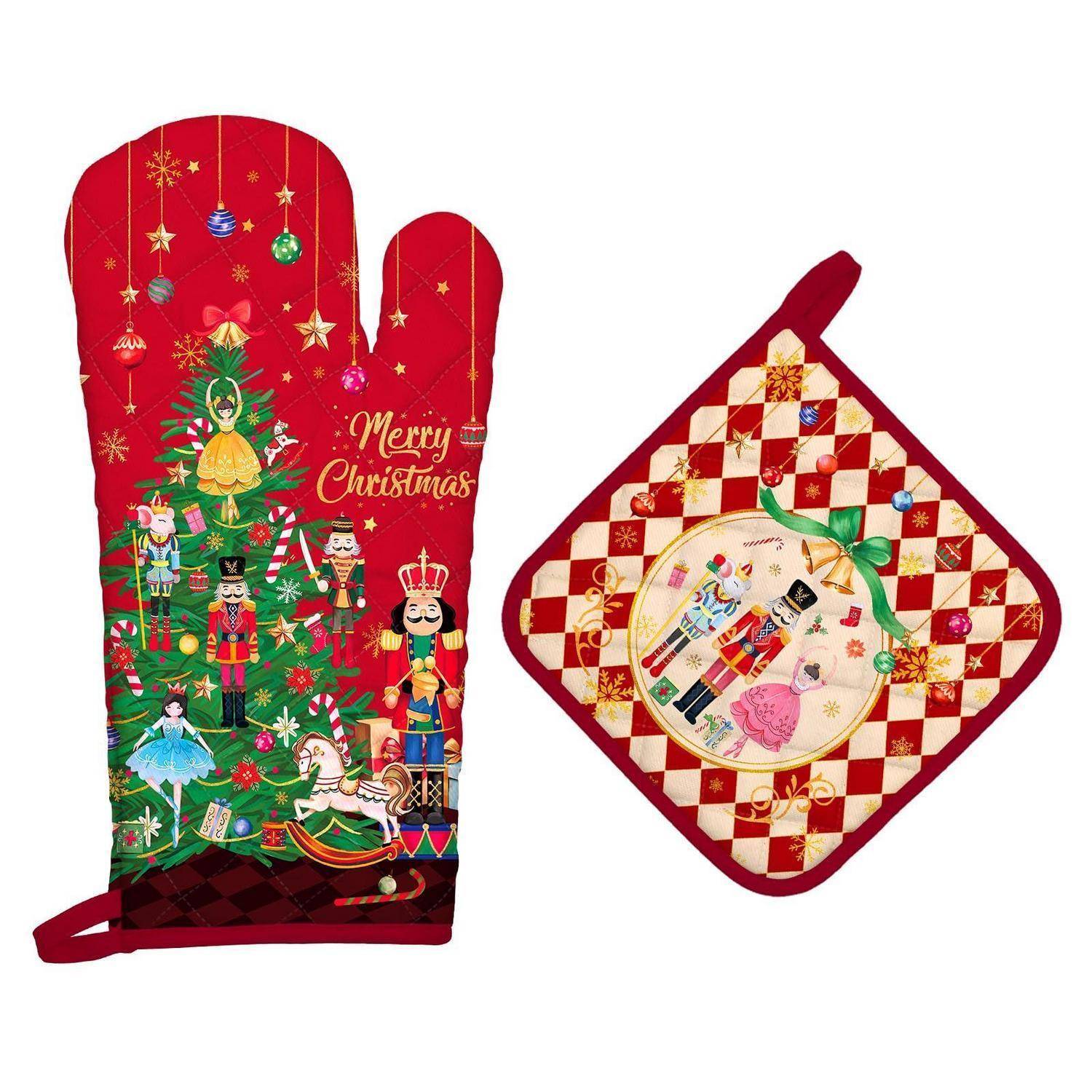 Rote Weihnachtsofen-Handschuh und passendes Topflappen-Set mit Nussknacker-und-Baum-Weihnachtsdesign und „Merry Christmas