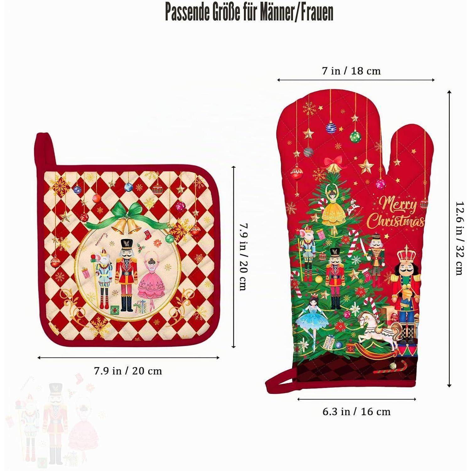 Produktbild zeigt ein Weihnachts-Ofenhandschuh- und Topflappen-Set mit Nussknacker-Weihnachtsdesign; enthält Abmessungen in Zoll und cm.