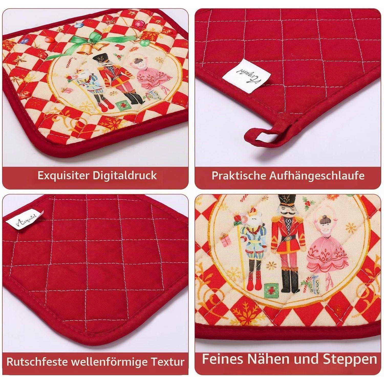 Collage aus einem roten gesteppten Topflappen mit festlichem Nussknacker-Druck und deutschen Beschriftungen, die digitalen Druck, Aufhängeschlaufe, rutschfeste Textur und feine Nähte hervorheben.