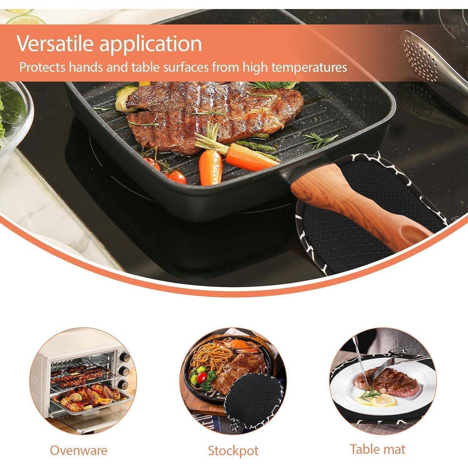 Werbegrafik für eine hitzebeständige Matte, die eine Grillpfanne mit Steak und Gemüse zeigt; Text besagt „Vielseitige Anwendung
