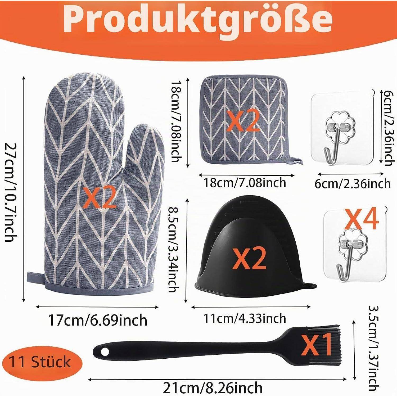Produktgrößentabelle mit grauen Ofenhandschuhen, einem Topflappen, einem hutförmigen Handschuh und einer Bürste mit Mengen und Abmessungen in cm und Zoll.