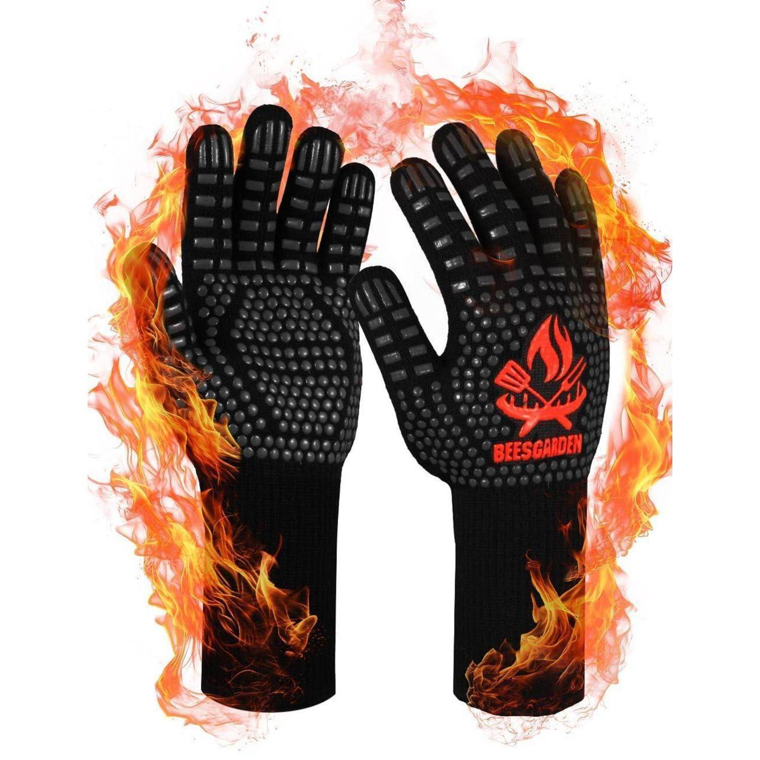 Paar schwarze hitzebeständige Handschuhe mit Griffpunkten und rotem „BEESGARDEN
