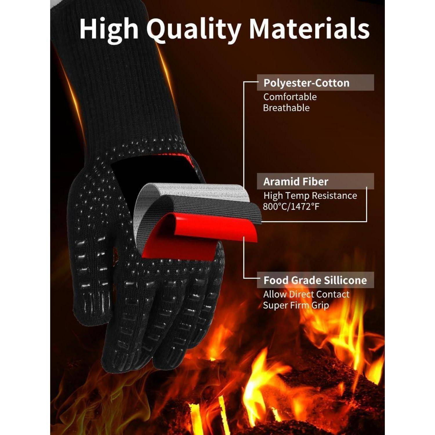 Werbegrafik für hitzebeständige Handschuhe mit der Bezeichnung „Hochwertige Materialien