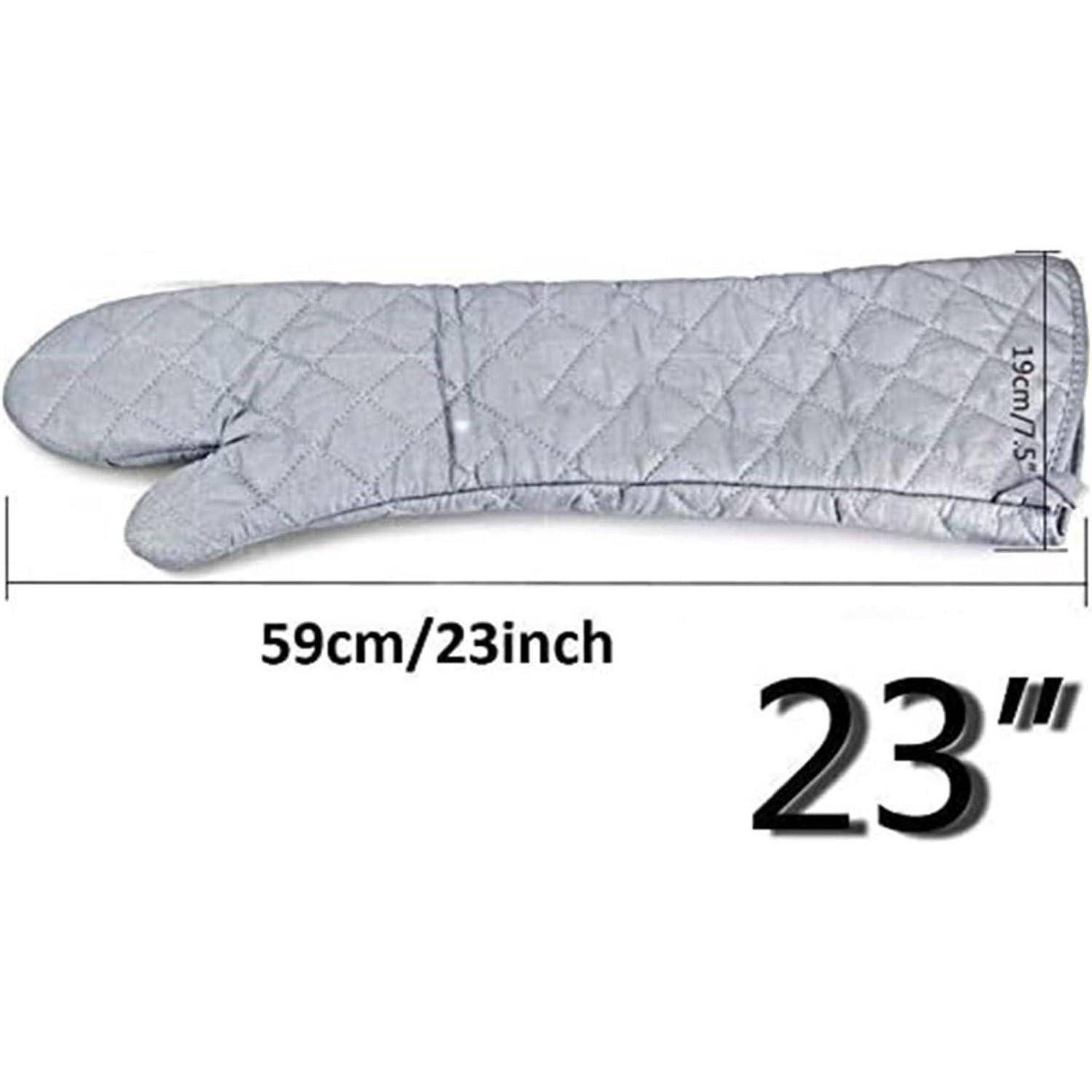 Gesteppter grauer Ofenhandschuh oder hitzebeständiger Handschuh, gezeigt mit Größenangaben 59cm/23Zoll und 19cm/7,5Zoll.