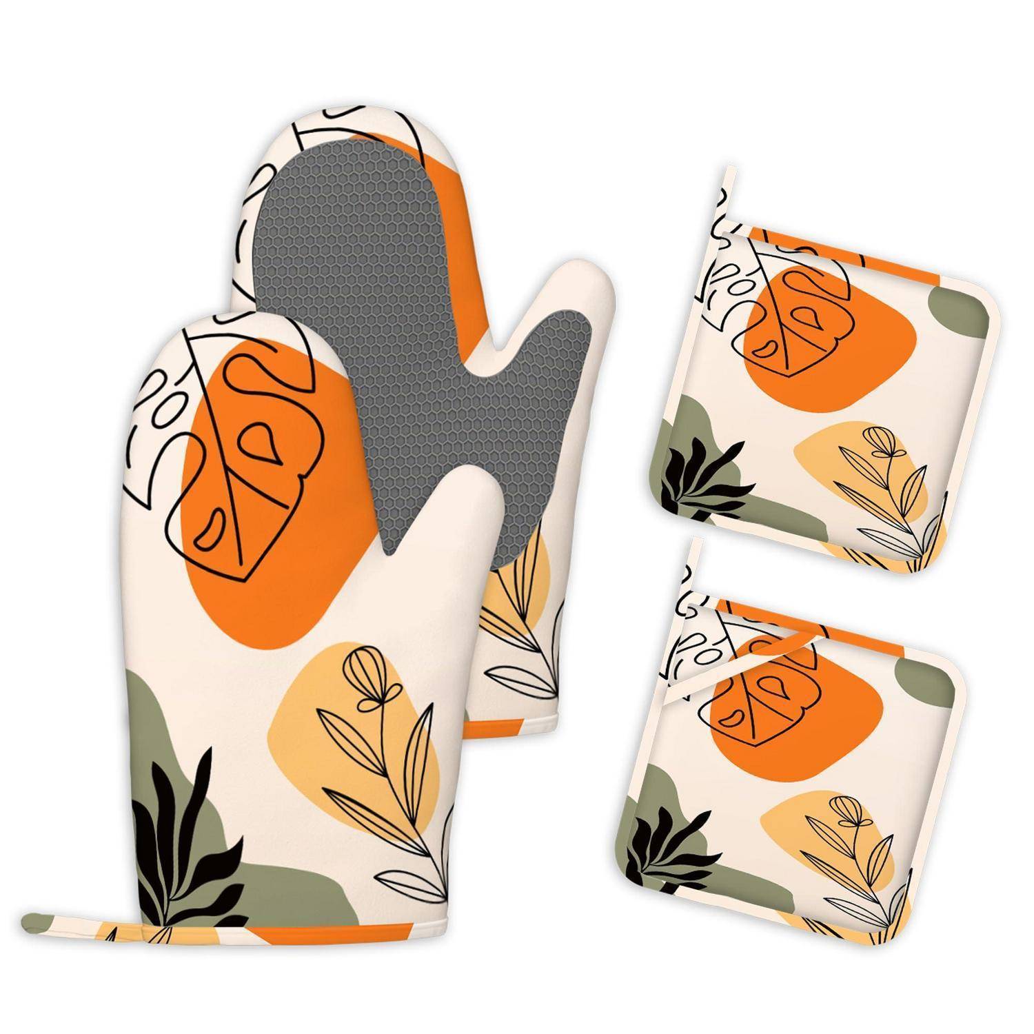 Gemusterter Ofenhandschuh und passende Topflappen mit orange-, creme- und schwarzem Blattmuster auf weißem Hintergrund.