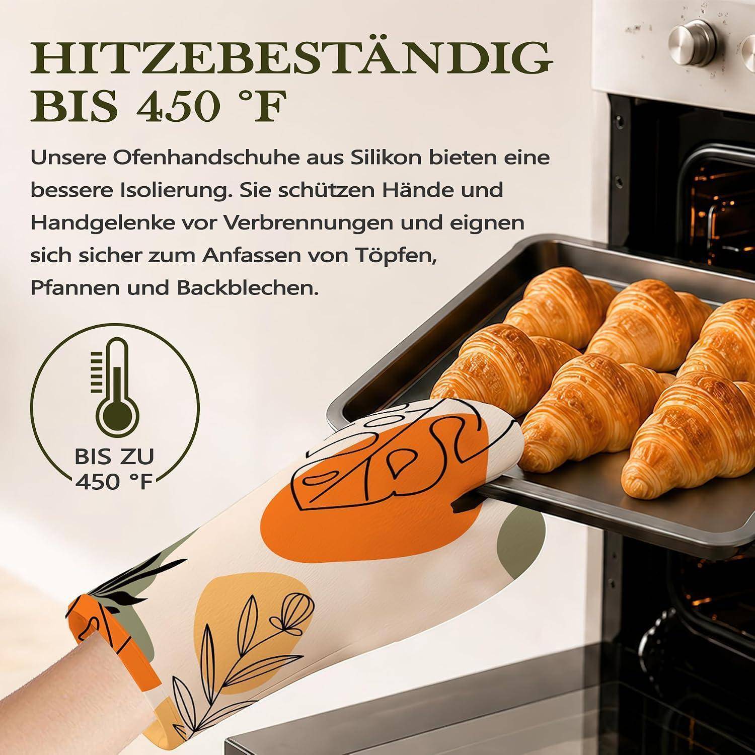 Silikon-Ofenhandschuhe, hitzebeständig bis 450°F, mit einer behandschuhten Hand, die ein Croissant-Tablett aus dem Ofen nimmt.