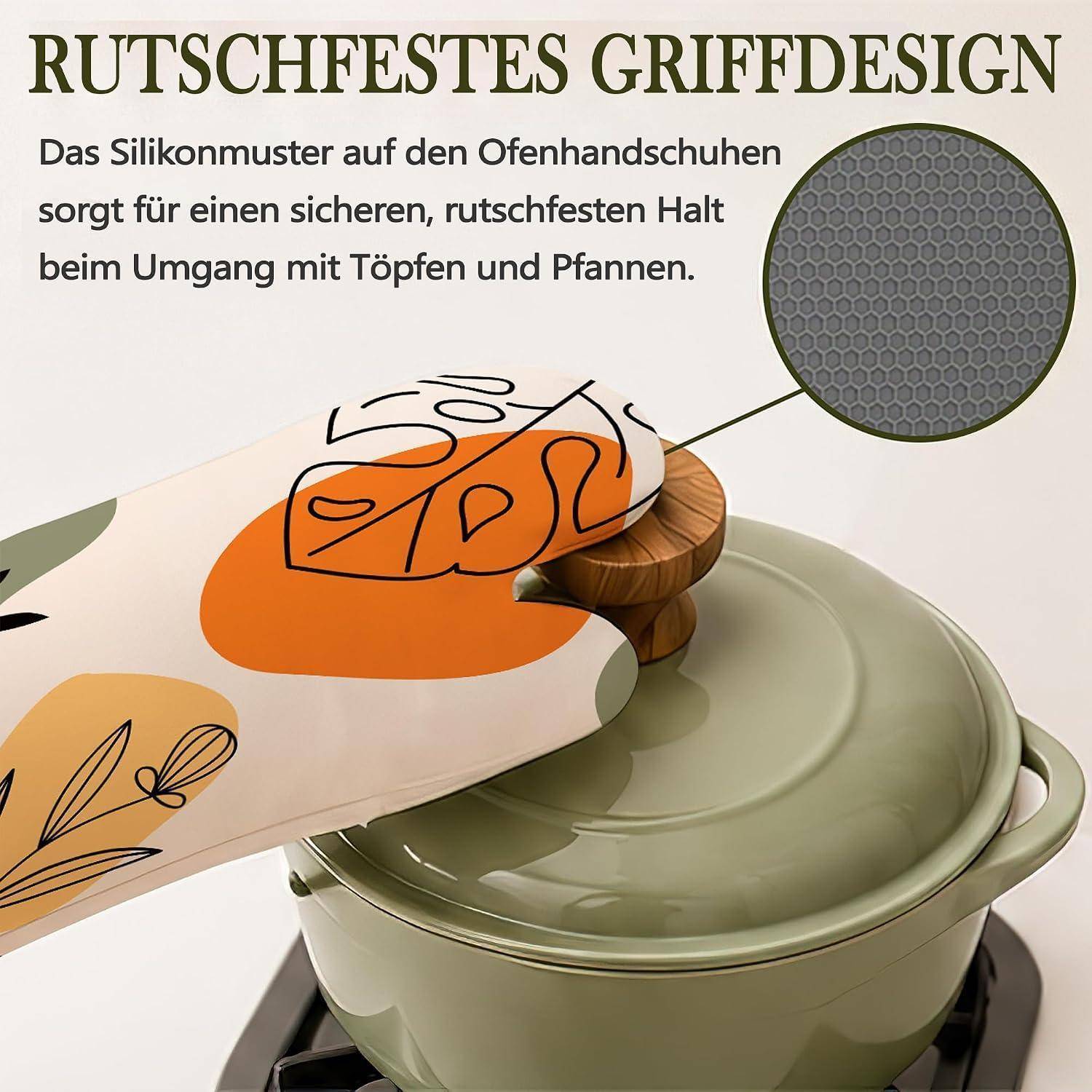 Illustration eines Ofenhandschuhs, der einen heißen Topf hält, wobei ein Silikon-Griffmuster zur sichereren Handhabung von Töpfen und Pfannen hervorgehoben wird.