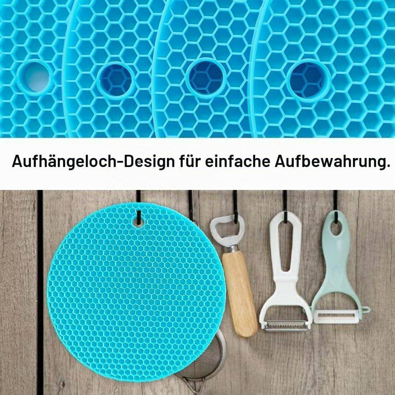 Blauer runder Hängespeicher mit Wabentextur und eingebautem Loch; zeigt Küchenschäler, die an einer Holzwand hängen, mit deutschem Text über einfache Lagerung.