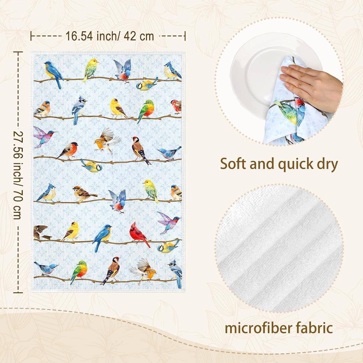 Mikrofasertuch mit farbenfrohem Vogelmuster, gezeigt als 16,54 x 27,56 Zoll (42 x 70 cm), weiches, schnelltrocknenes Gewebe.