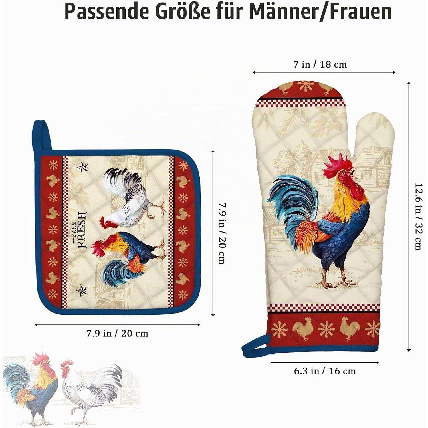 Ofenhandschuh und Topflappen 2er-Set Baumwolle Hahn-Motiv