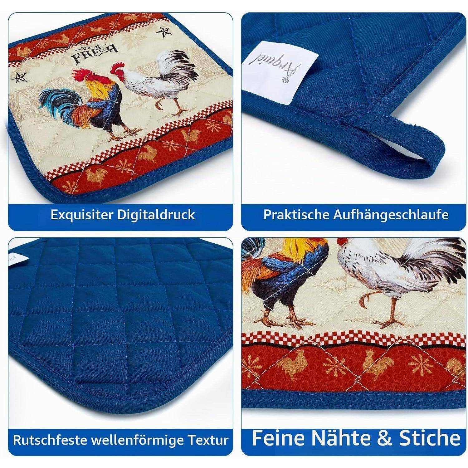 Vierpaneliges Produktbild eines gesteppten blauen Hahn-Ofenhandschuhs/Topflappens mit bedrucktem Design, Aufhängeschlaufe, strukturierter Rückseite und feiner Steppung.