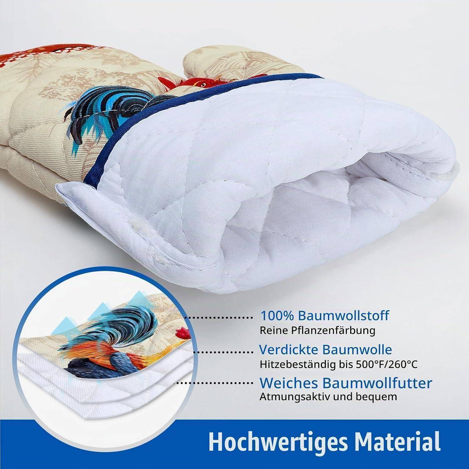 Produktbild einer gesteppten Stofftasche oder eines Beutels, beschriftet in Deutsch: 'Hochwertiges Material' mit Merkmalen wie 100% Baumwolle, farbstofffreie Baumwollwolle, hitzebeständig bis 250°C und weiche atmungsaktive Fütterung.