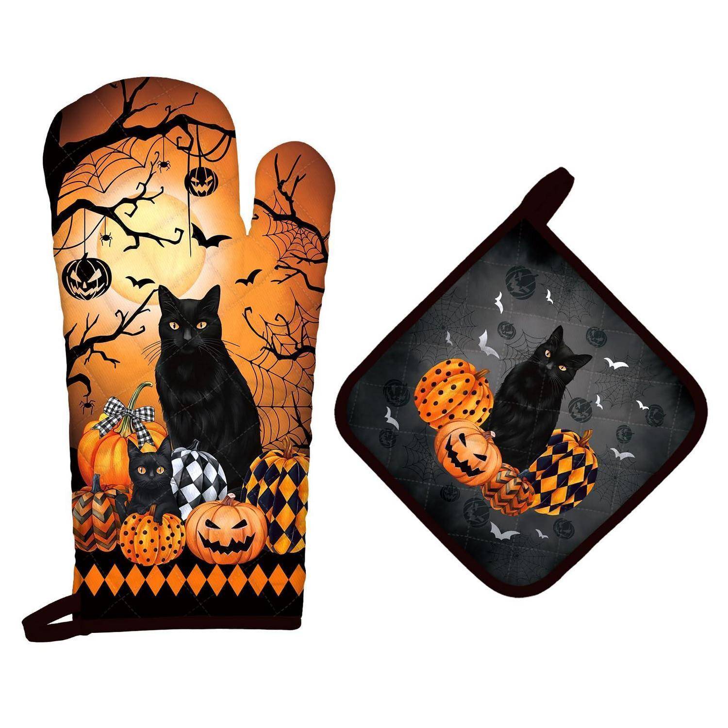 Halloween-Ofenhandschuh und passendes Topflappen-Set mit schwarzen Katzen, Kürbissen, Fledermäusen und orange-schwarzen Spinnennetz-Mustern.