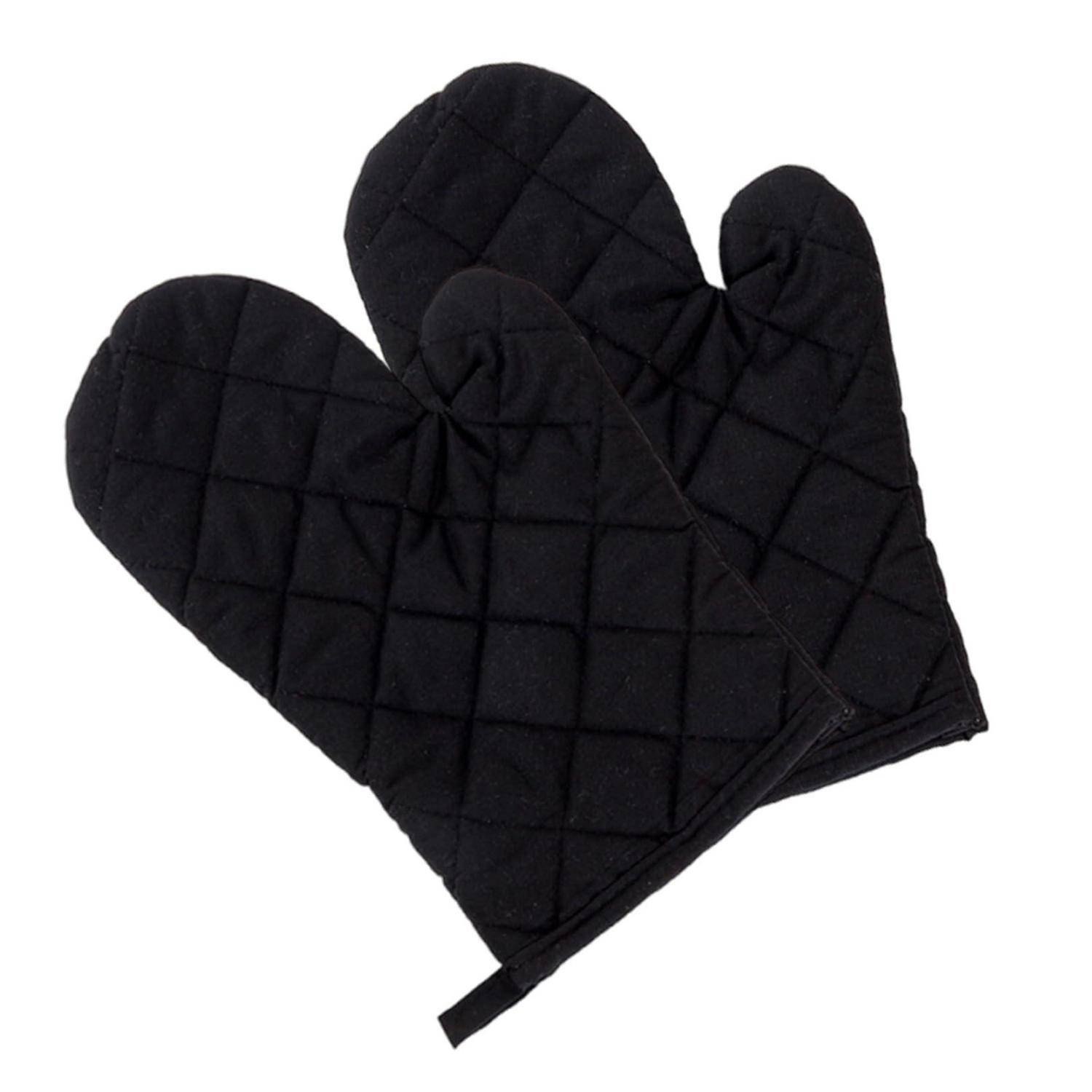 Schwarzer gesteppter Ofenhandschuh mit zwei gepolsterten Fingertaschen und Aufhängeschlaufe auf weißem Hintergrund.