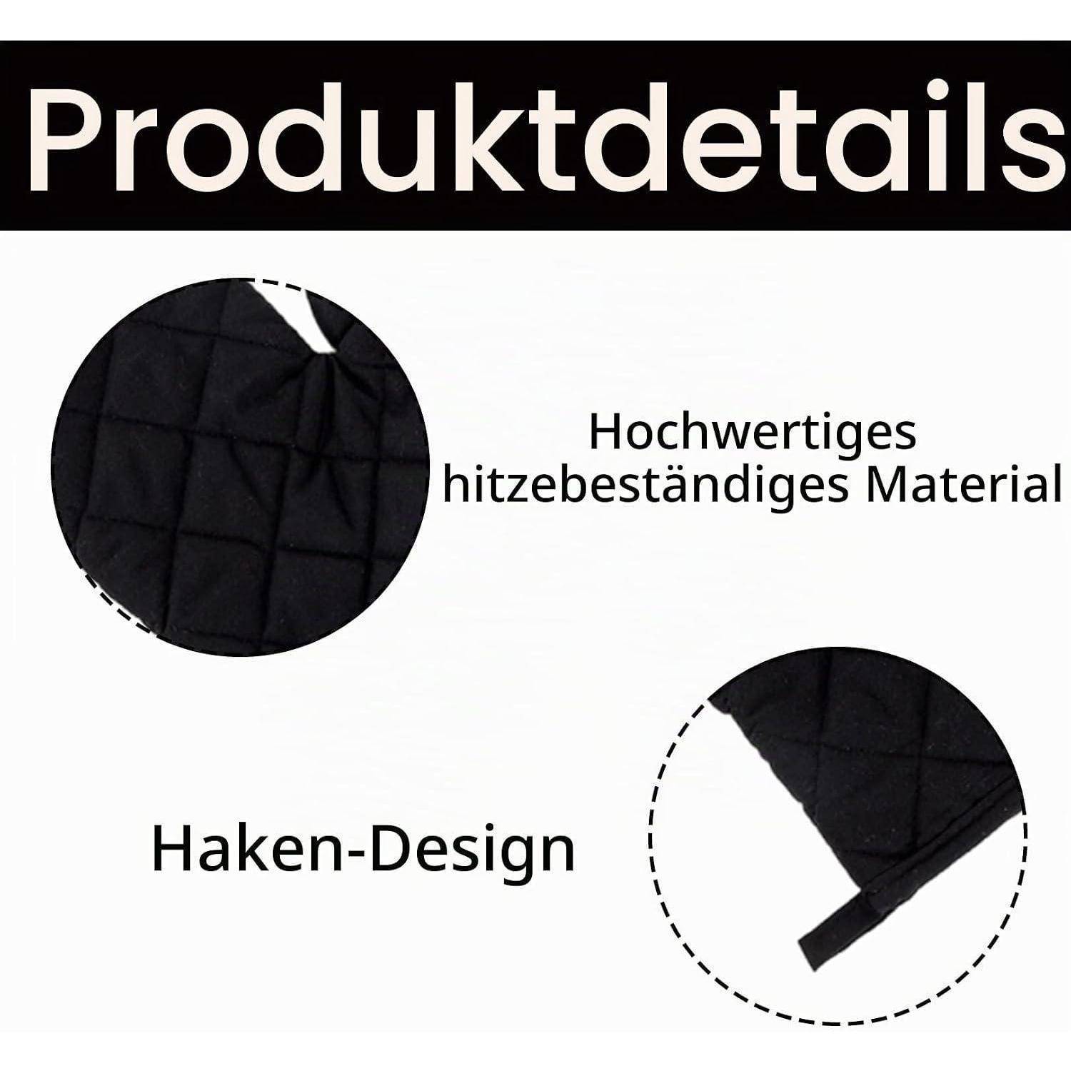 Deutsches Produktdetail-Grafikdesign, das hitzebeständiges Material und Hakenkonstruktion zeigt, mit Nahaufnahmekreisen aus schwarzem gestepptem Stoff.