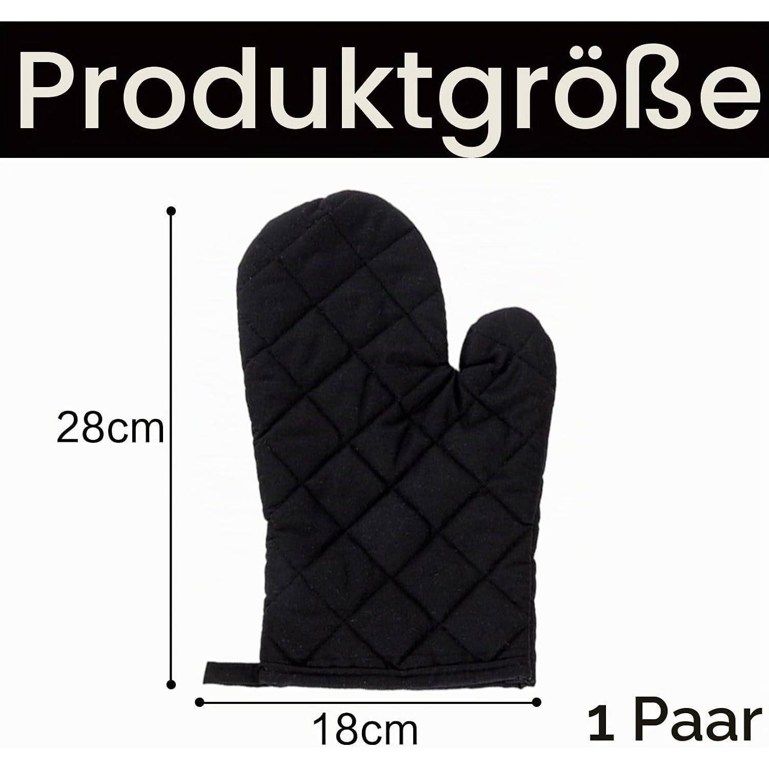 Schwarzer gesteppter Ofenhandschuh als Produktgrößenführer dargestellt, mit einer Höhe von 28 cm und einer Breite von 18 cm, gekennzeichnet mit „1 Paar