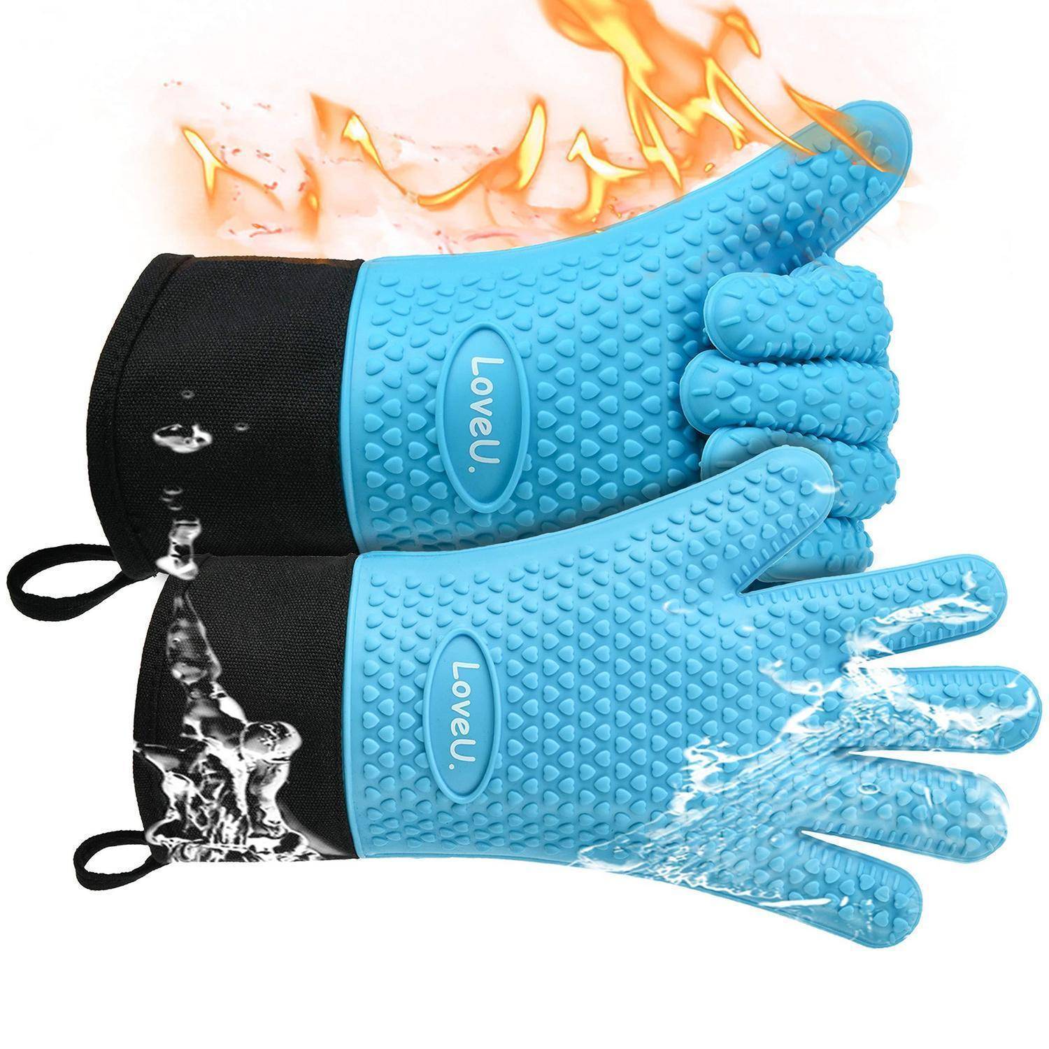 Blaue isolierte Ofenhandschuhe mit rutschfestem Griff, gezeigt beim Widerstehen von Hitze, Flamme und Wasser zum Schutz beim Küchenbetrieb.