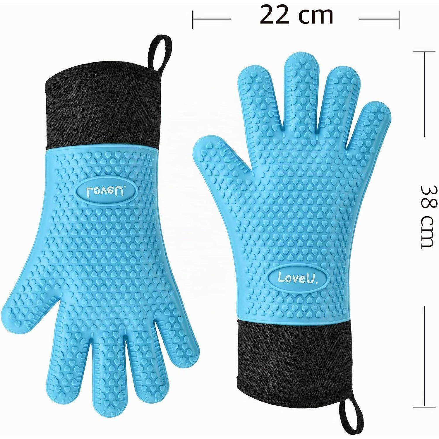 Blaue strukturierte Gummihandschuhe mit schwarzen Manschetten, von vorne und hinten gezeigt, mit einer Breite von 22 cm und einer Länge von 38 cm gekennzeichnet.