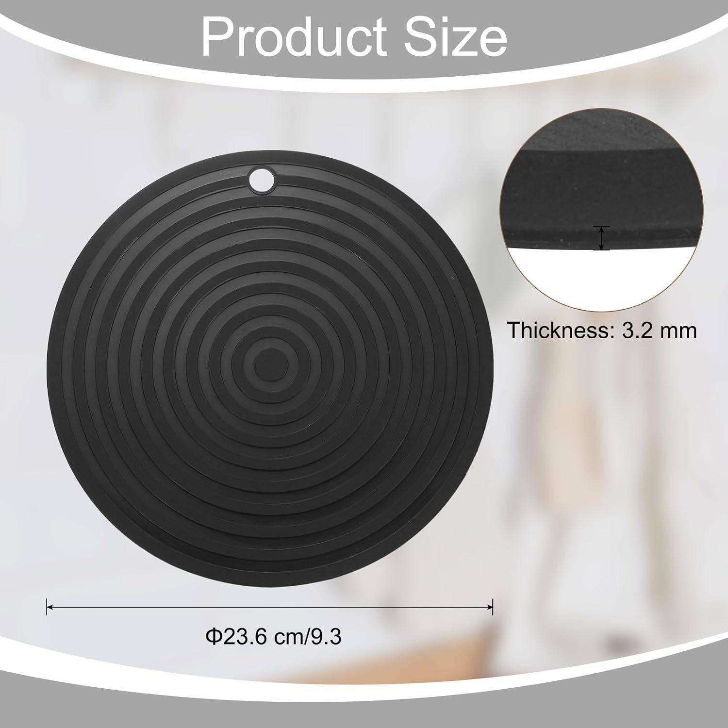 Produktgrößendiagramm einer runden schwarzen Matte mit Aufhängeloch, die einen Durchmesser von 23,6 cm (9,3 Zoll) und eine Dicke von 3,2 mm zeigt.