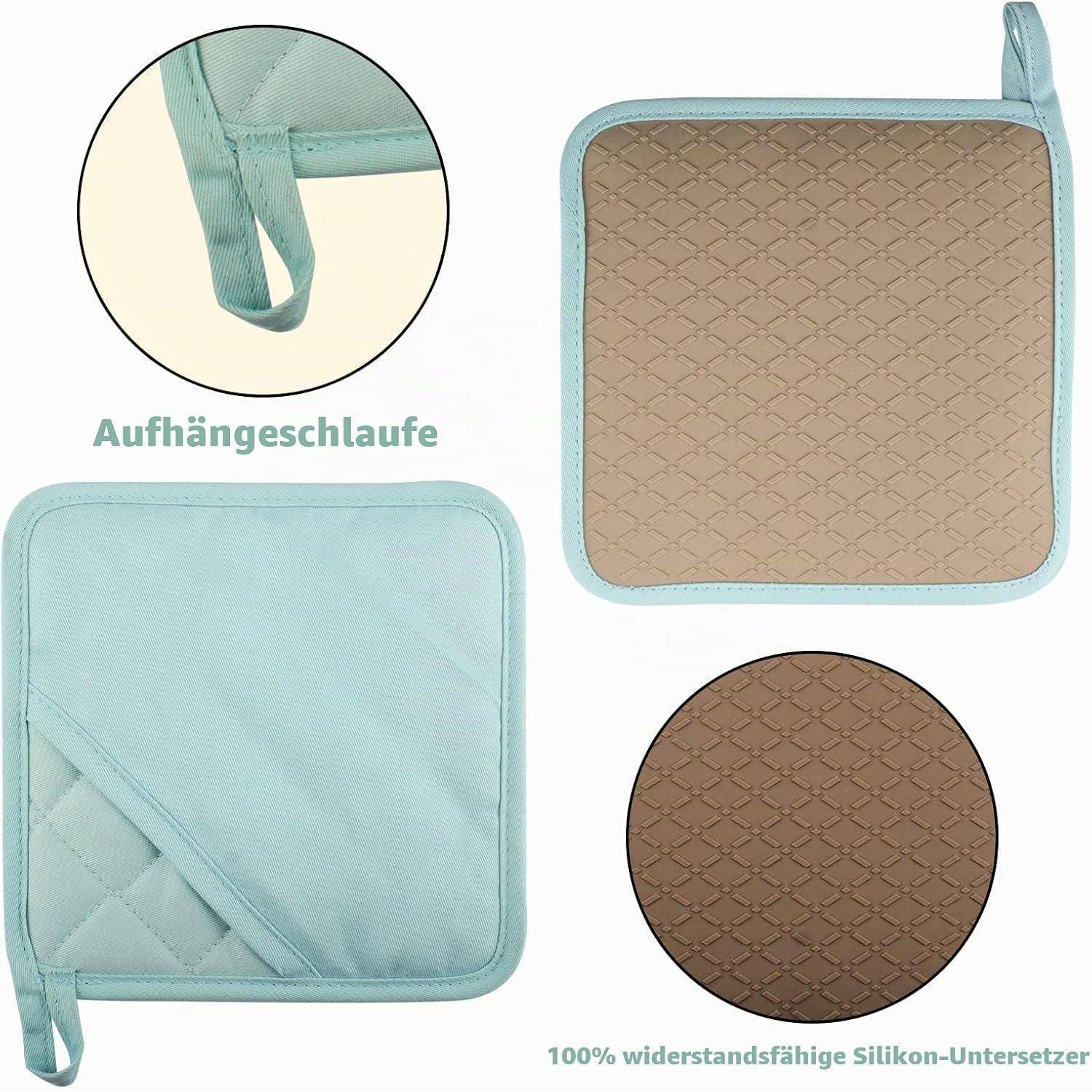 Bilder von türkis- und braunfarbigen gesteppten Silikon-Topflappen/Untersetzen mit einer Aufhängeschlaufe, die mit „Aufhängeschlaufe