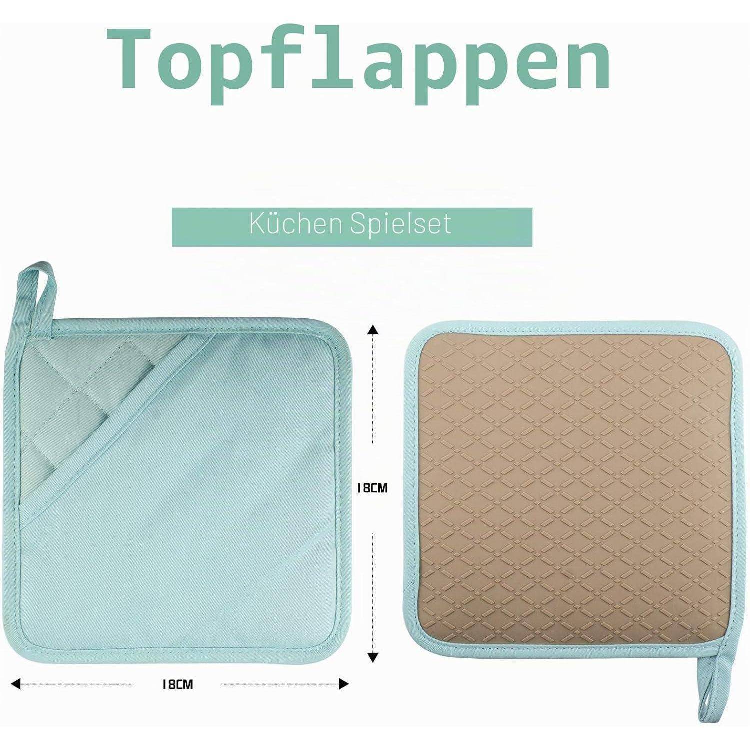 Zwei mintgrüne quadratische Küchentopflappen von vorne und hinten gezeigt, beschriftet mit „Topflappen