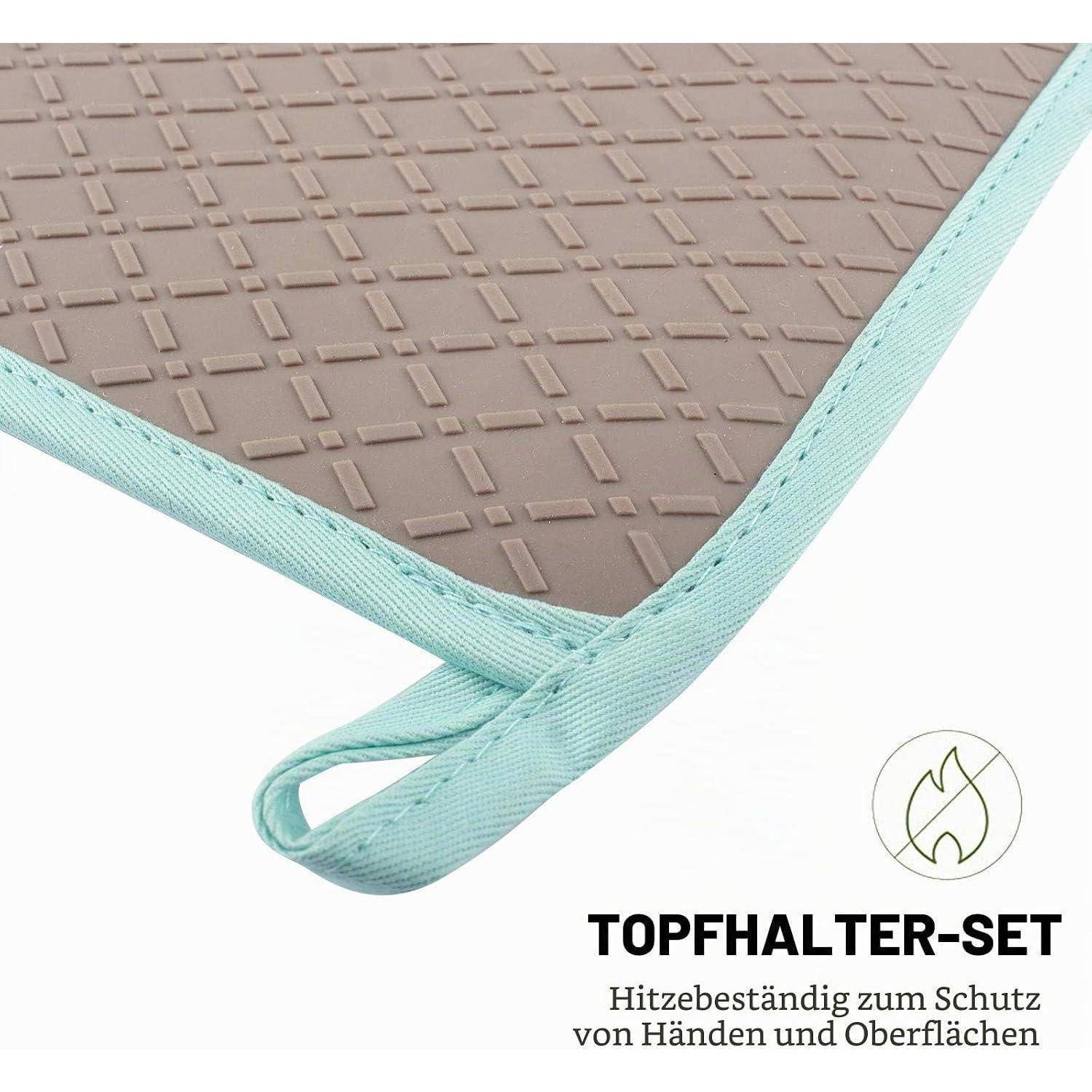Hitzebeständiges Topfhalter-Set mit mintblauer Kante und Schlaufe, gezeigt auf einer beigen strukturierten Matte; deutscher Text sagt 