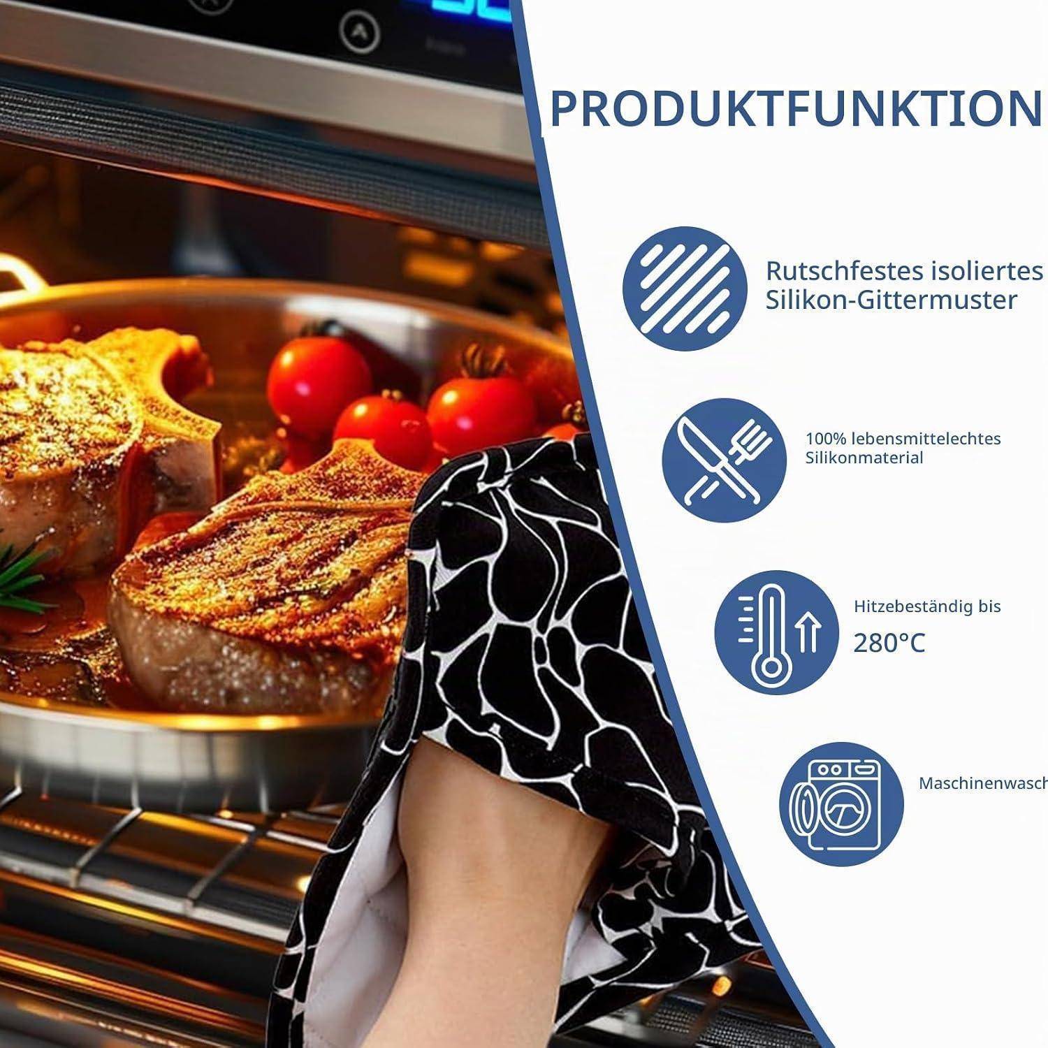 Ofengaren mit einem hitzebeständigen Silikonofenhandschuh; Produktmerkmale auf Deutsch dargestellt: rutschfestes Gittermuster, lebensmittelgeeignetes Silikon, Hitzebeständigkeit bis 280°C, maschinenwaschbar.