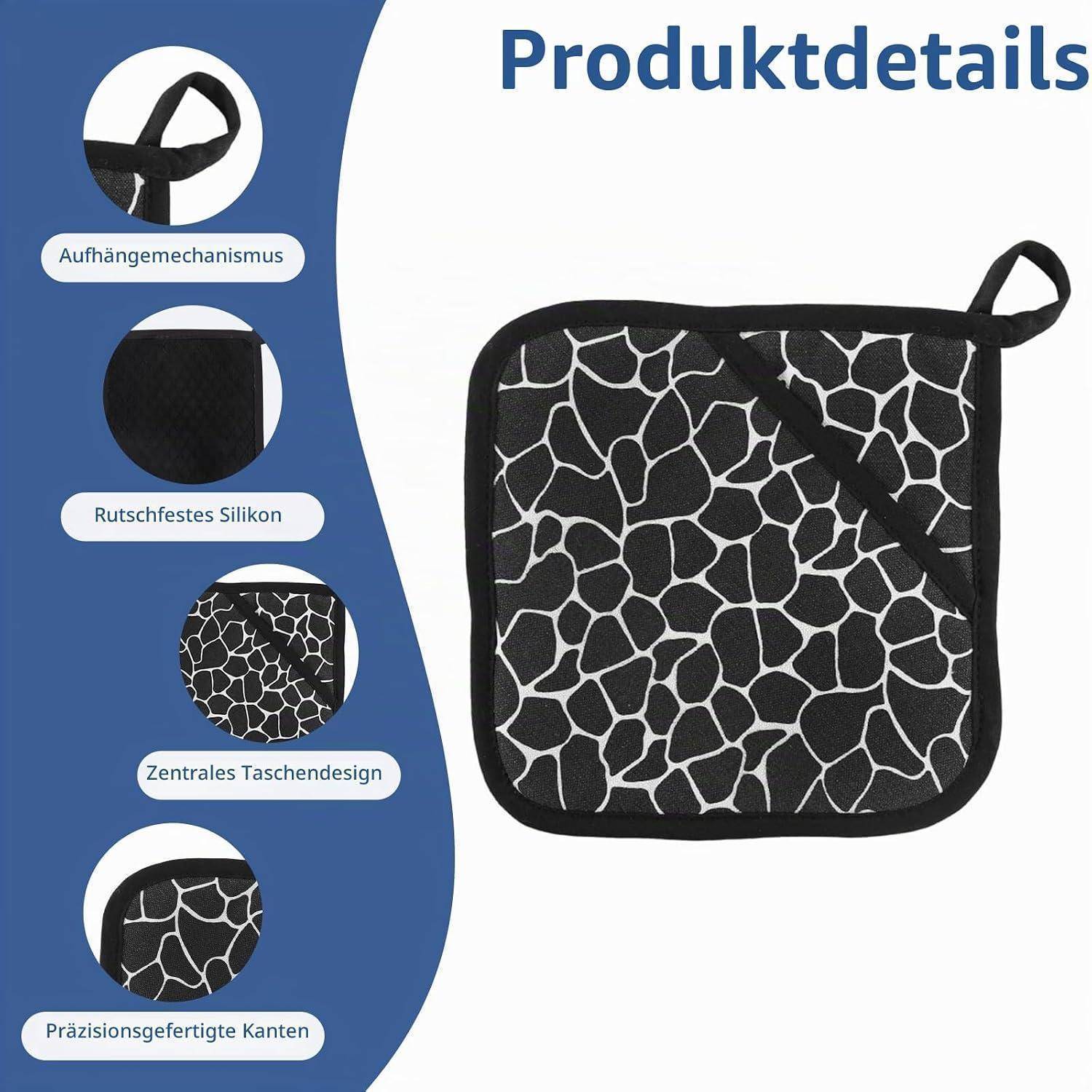 Produktdetail-Grafik mit einem schwarz-weißen gemusterten Topflappen mit Aufhängeschlaufe und Eckengriff. Seitliche Beschriftungen auf Deutsch heben den Aufhängungsmechanismus, rutschfestes Silikon, das zentrale Taschensystem und präzisionsgefertigte Kanten hervor.
