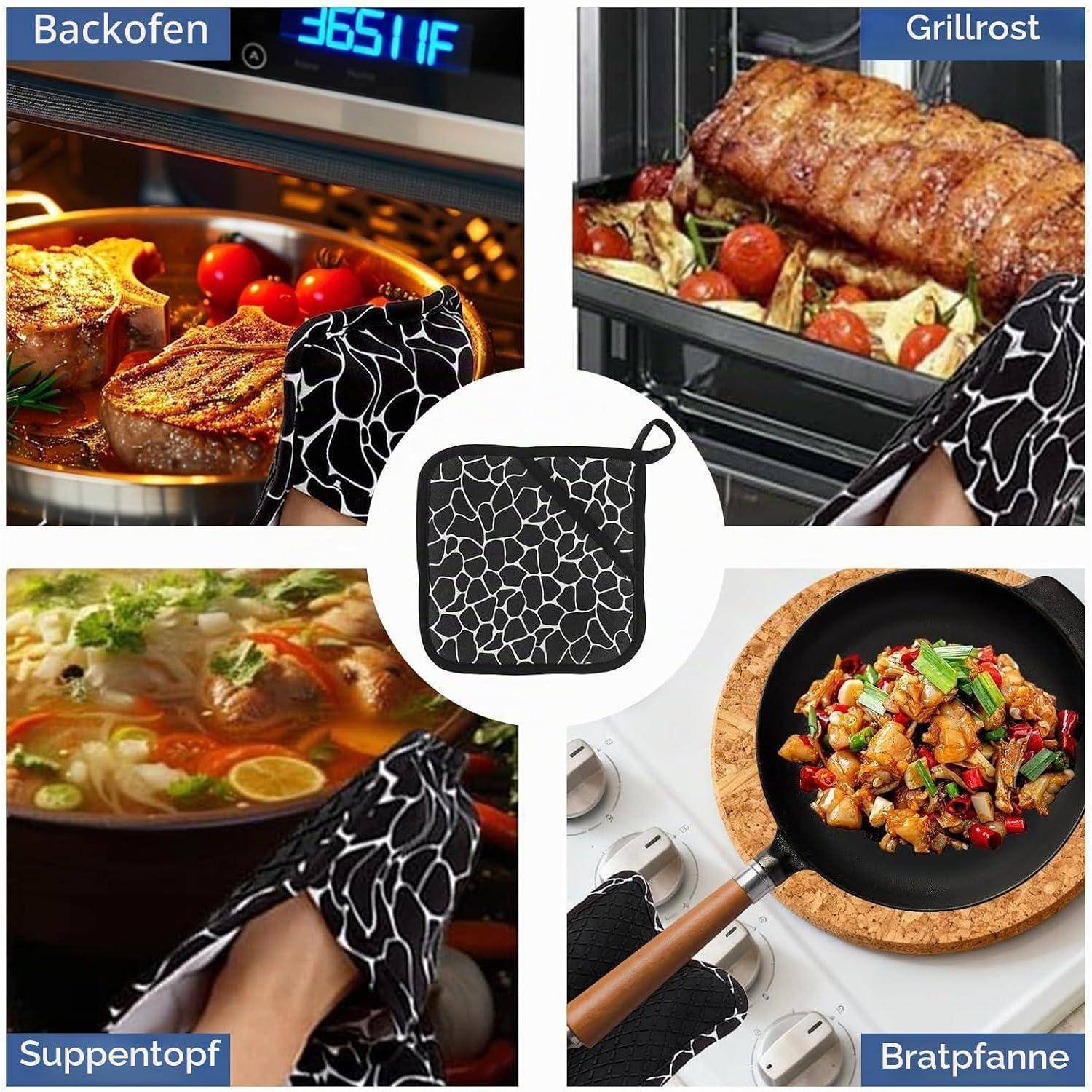 Collage zeigt einen schwarzweißen Ofenhandschuh zum Anfassen von heißem Kochgeschirr und Schüsseln in einem Ofen, auf einem Grill und mit einem Suppentopf und einer Bratpfanne.